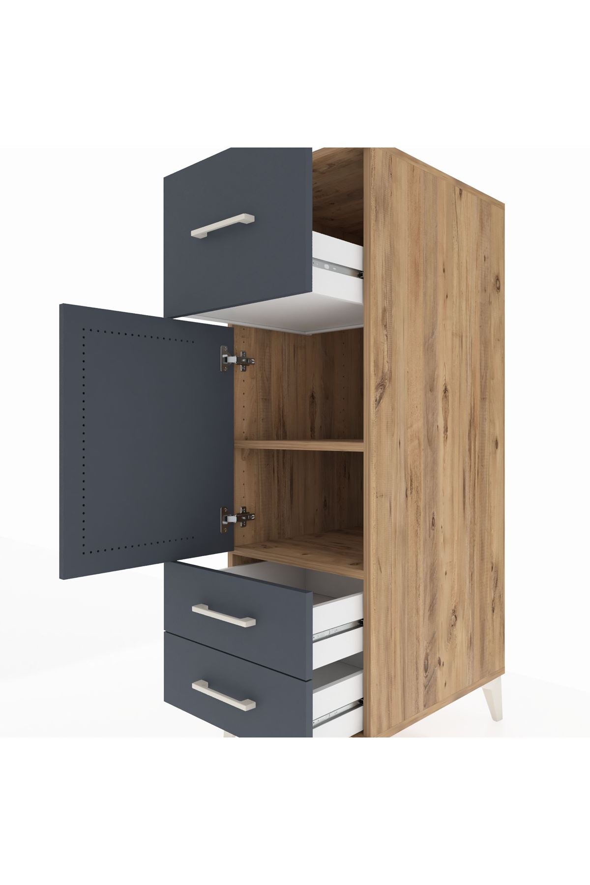 Kronos Dolap 2 Raflı 3 Çekmeceli Tek Kapaklı 44x59x134 Çam-Antrasit