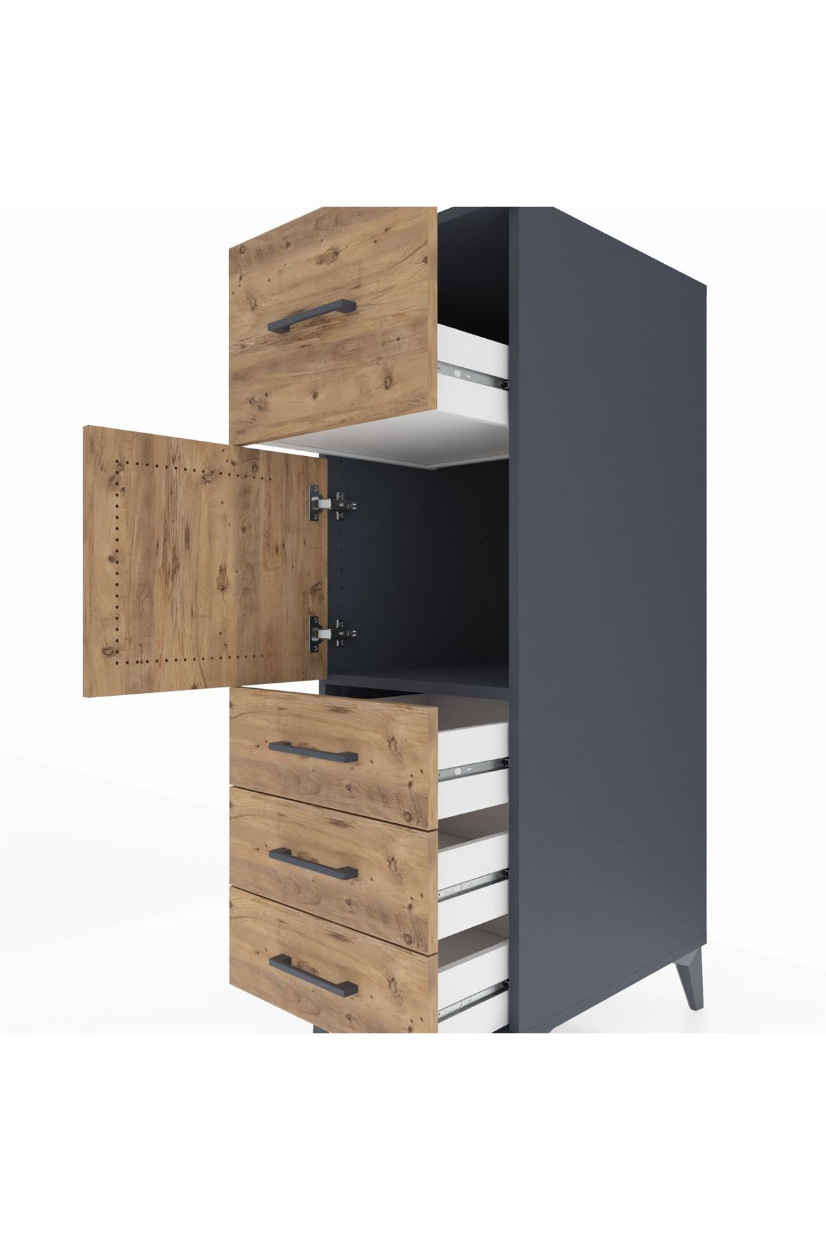 Kronos Dolap Tek Raflı 4 Çekmeceli Tek Kapaklı 44x59x134 Antrasit-Çam