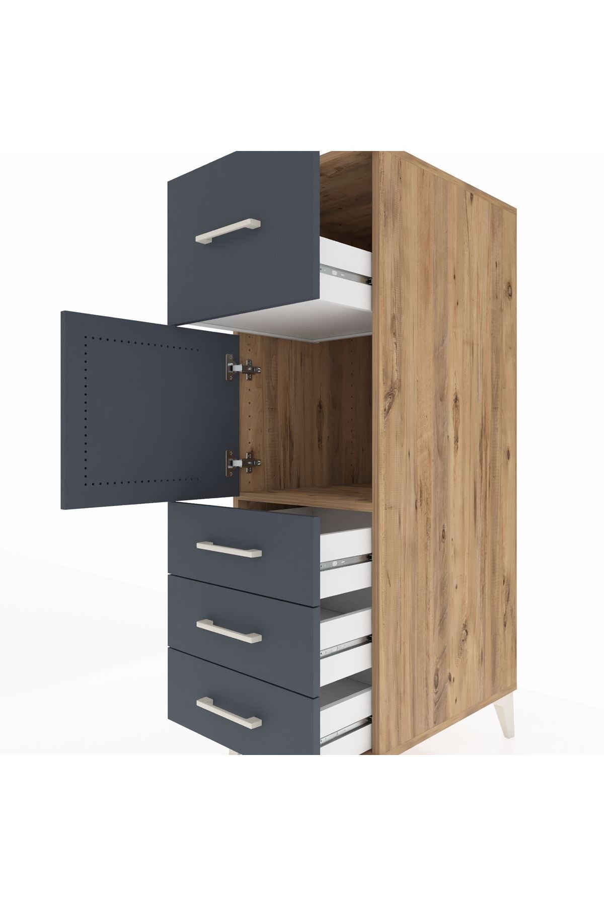 Kronos Dolap Tek Raflı 4 Çekmeceli Tek Kapaklı 44x59x134 Çam-Antrasit