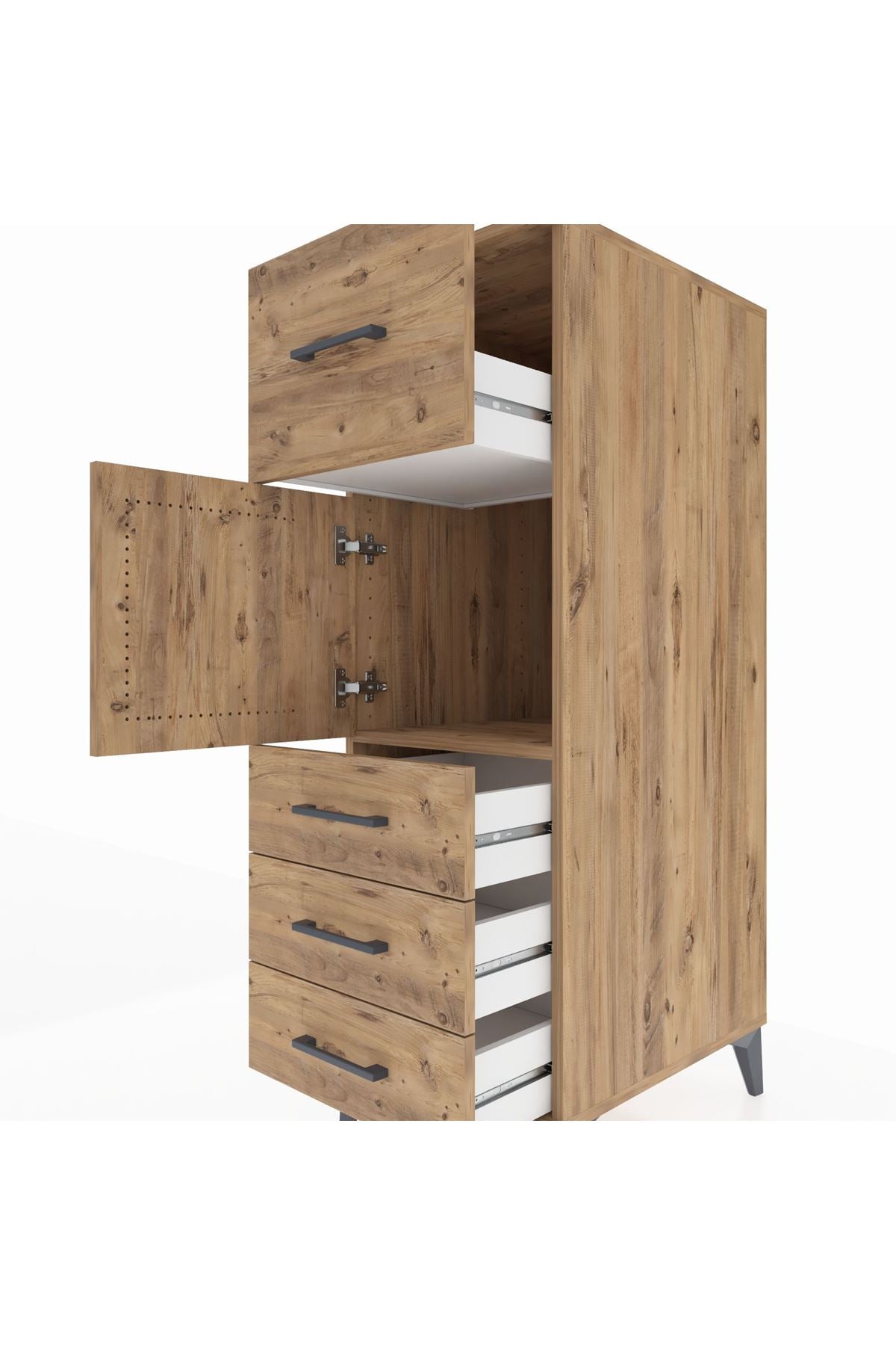 Kronos Dolap Tek Raflı 4 Çekmeceli Tek Kapaklı 44x59x134 Çam-Çam