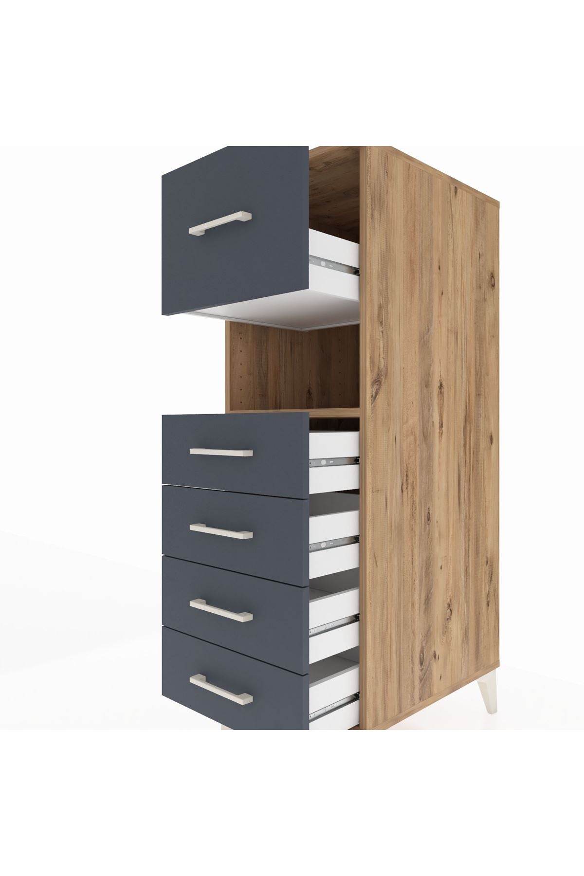 Kronos Dolap Tek Raflı 5 Çekmeceli 44x59x134 Çam-Antrasit