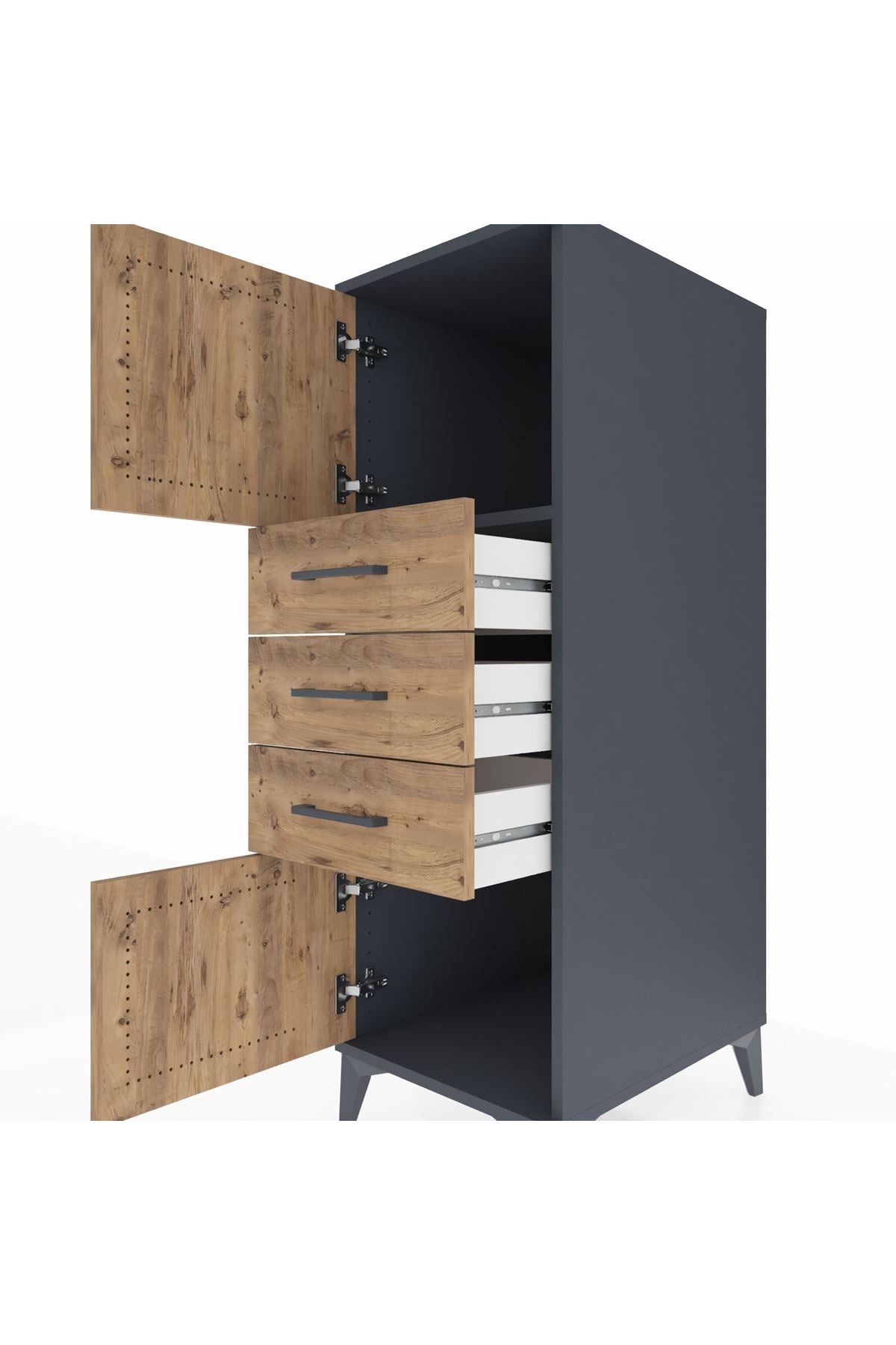 Kronos Dolap Tek Raflı 3 Çekmeceli 2 Kapaklı 44x59x134 Antrasit-Çam