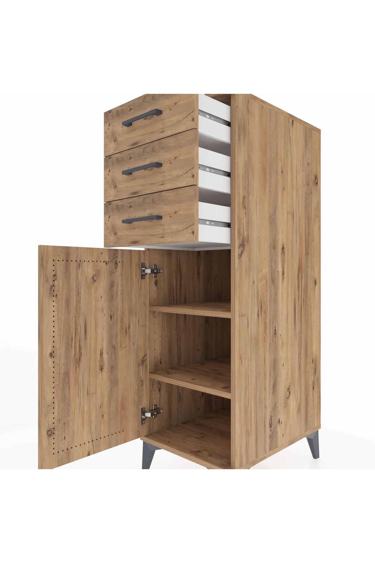 Kronos Dolap 2 Raflı 3 Çekmeceli Tek Kapaklı 44x59x134 Çam-Çam