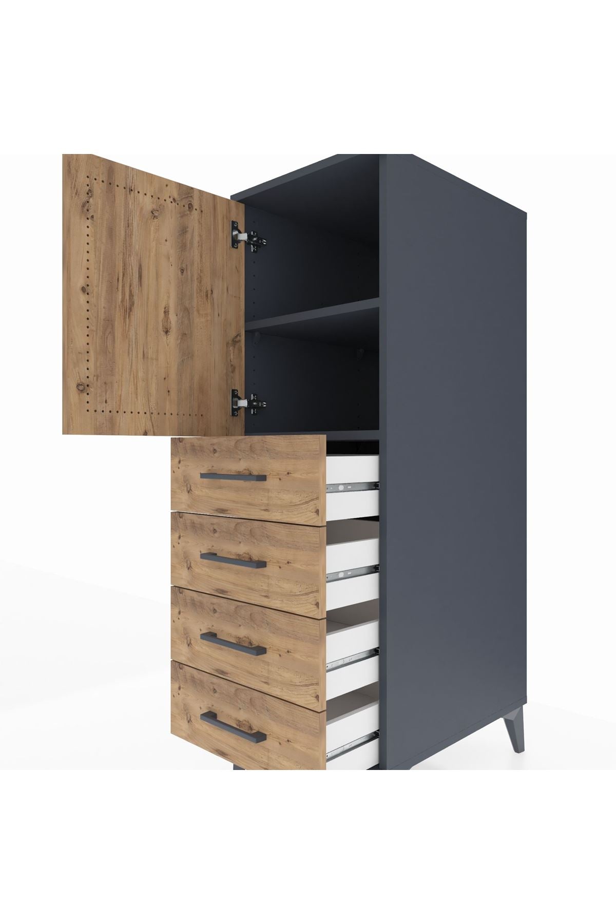 Kronos Dolap 2 Raflı 4 Çekmeceli Tek Kapaklı 44x59x134 Antrasit-Çam