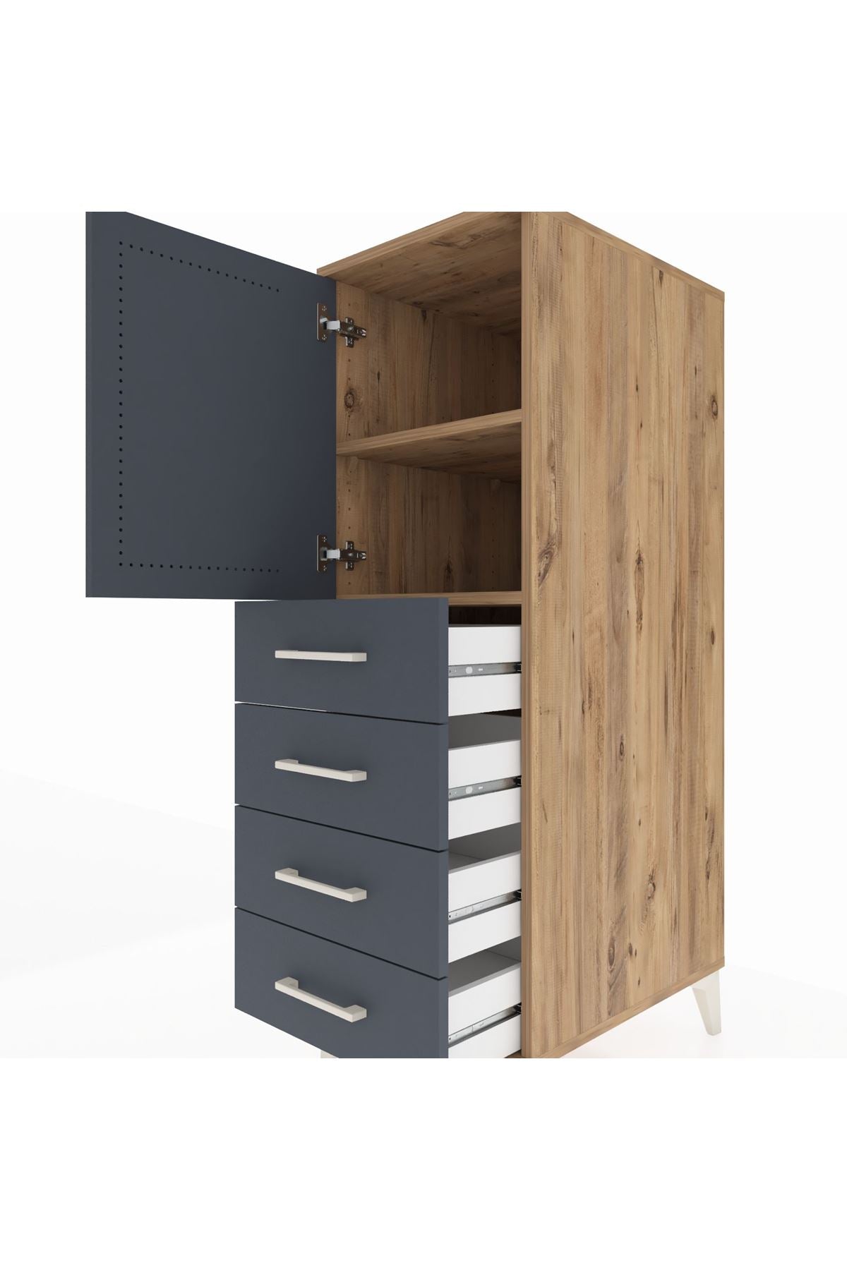 Kronos Dolap 2 Raflı 4 Çekmeceli Tek Kapaklı 44x59x134 Çam-Antrasit