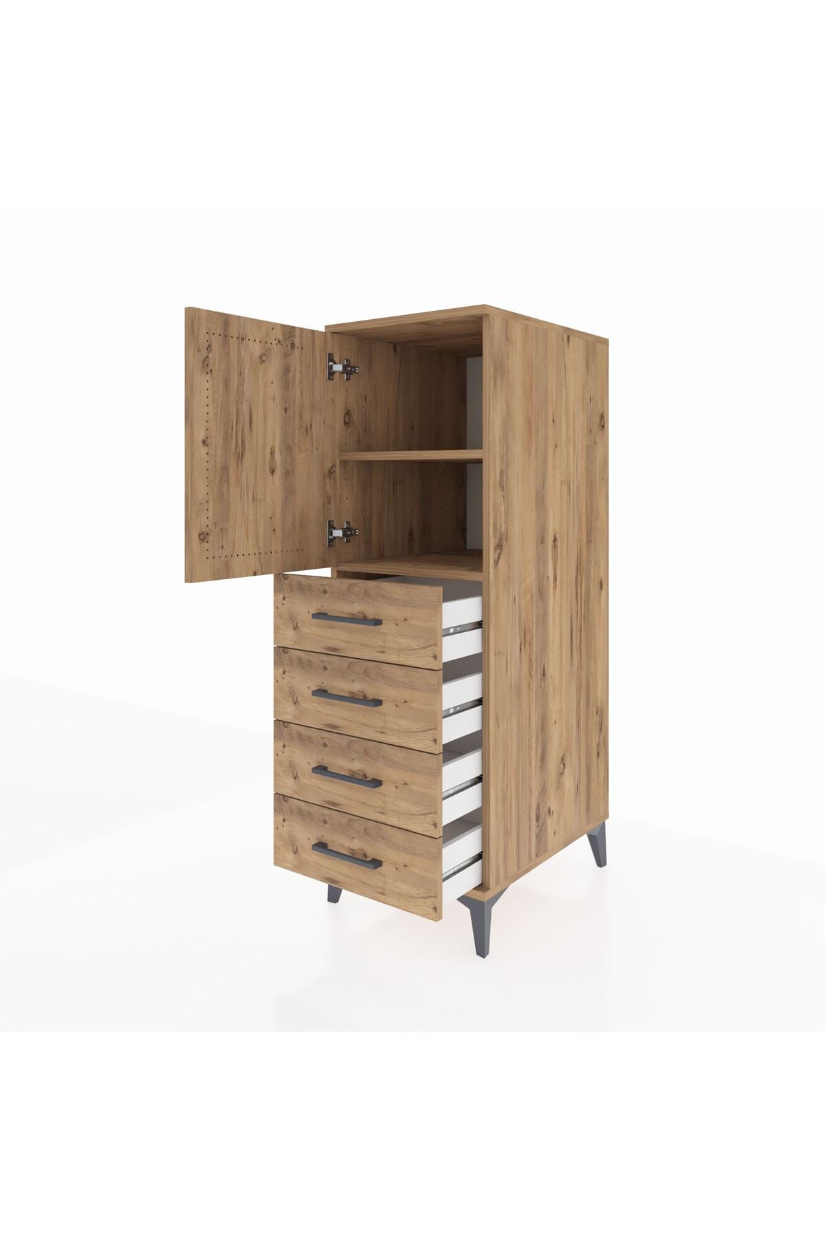 Kronos Dolap 2 Raflı 4 Çekmeceli Tek Kapaklı 44x59x134 Çam-Çam