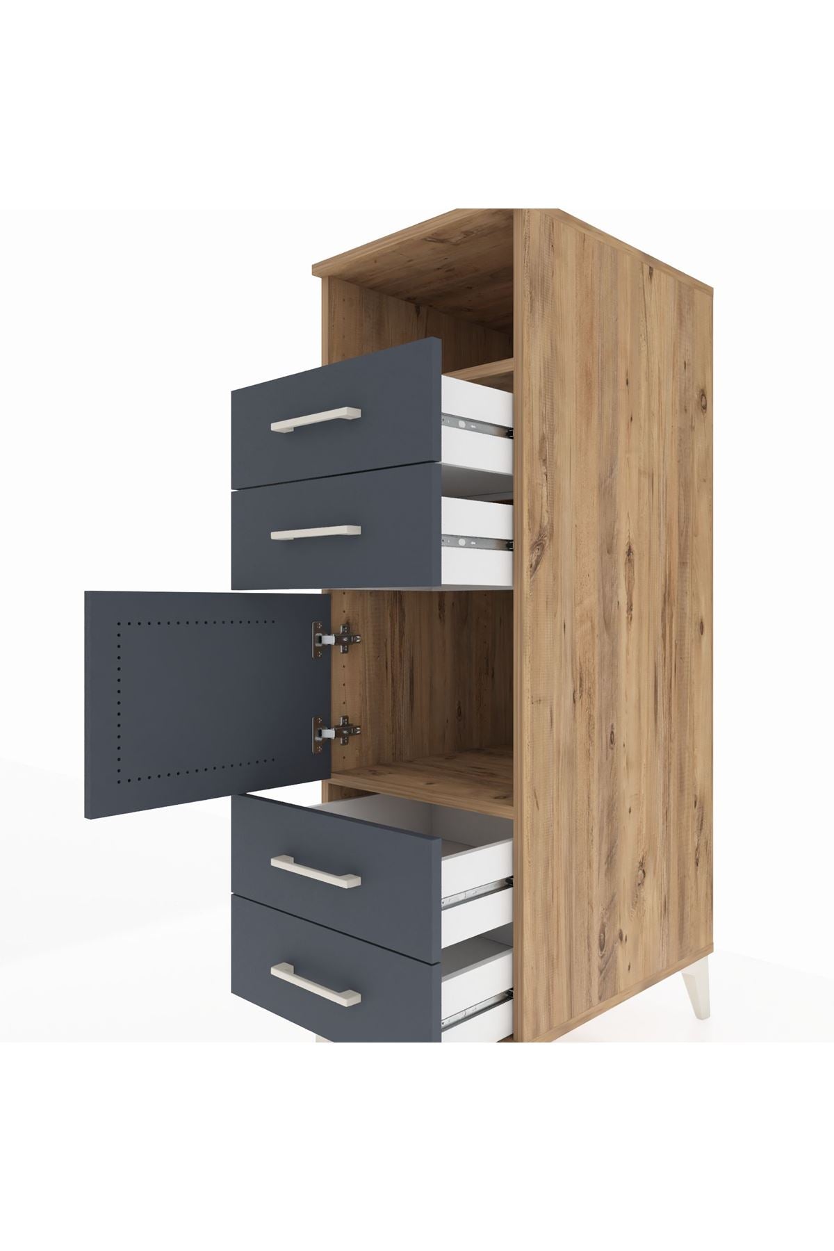 Kronos Dolap 2 Raflı 4 Çekmeceli Tek Kapaklı 44x59x134 Çam-Antrasit