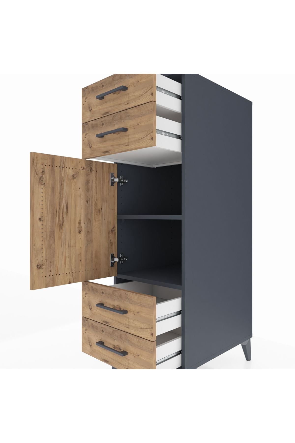 Kronos Dolap 2 Raflı 4 Çekmeceli Tek Kapaklı 44x59x134 Antrasit-Çam