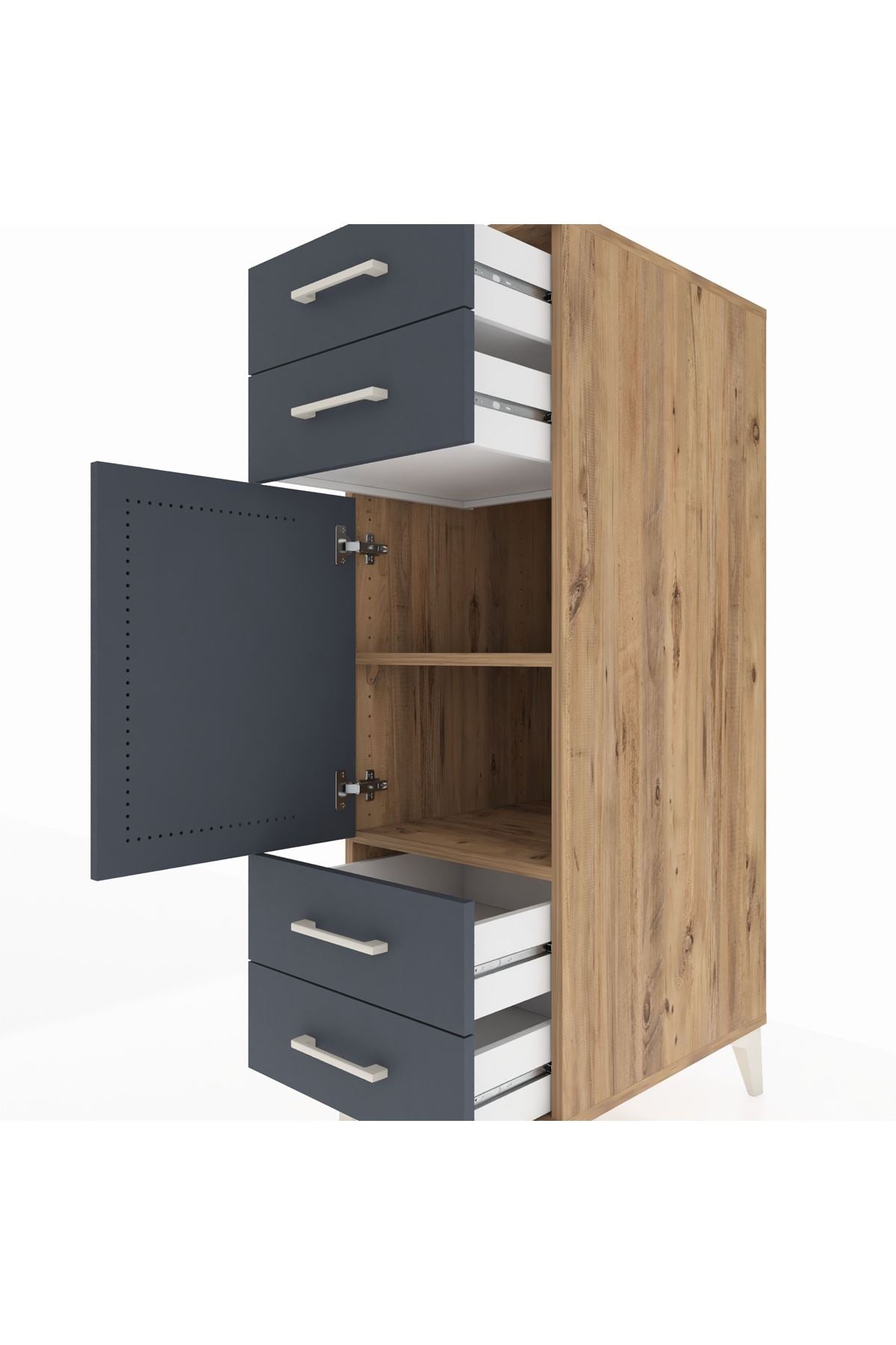 Kronos Dolap 2 Raflı 4 Çekmeceli Tek Kapaklı 44x59x134 Çam-Antrasit