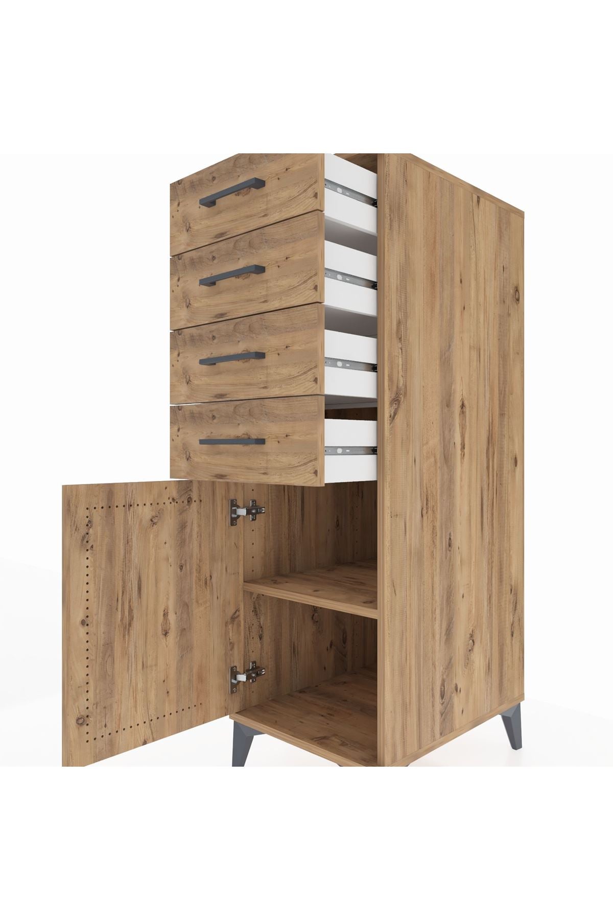 Kronos Dolap Tek Raflı 4 Çekmeceli Tek Kapaklı 44x59x134 Çam-Çam