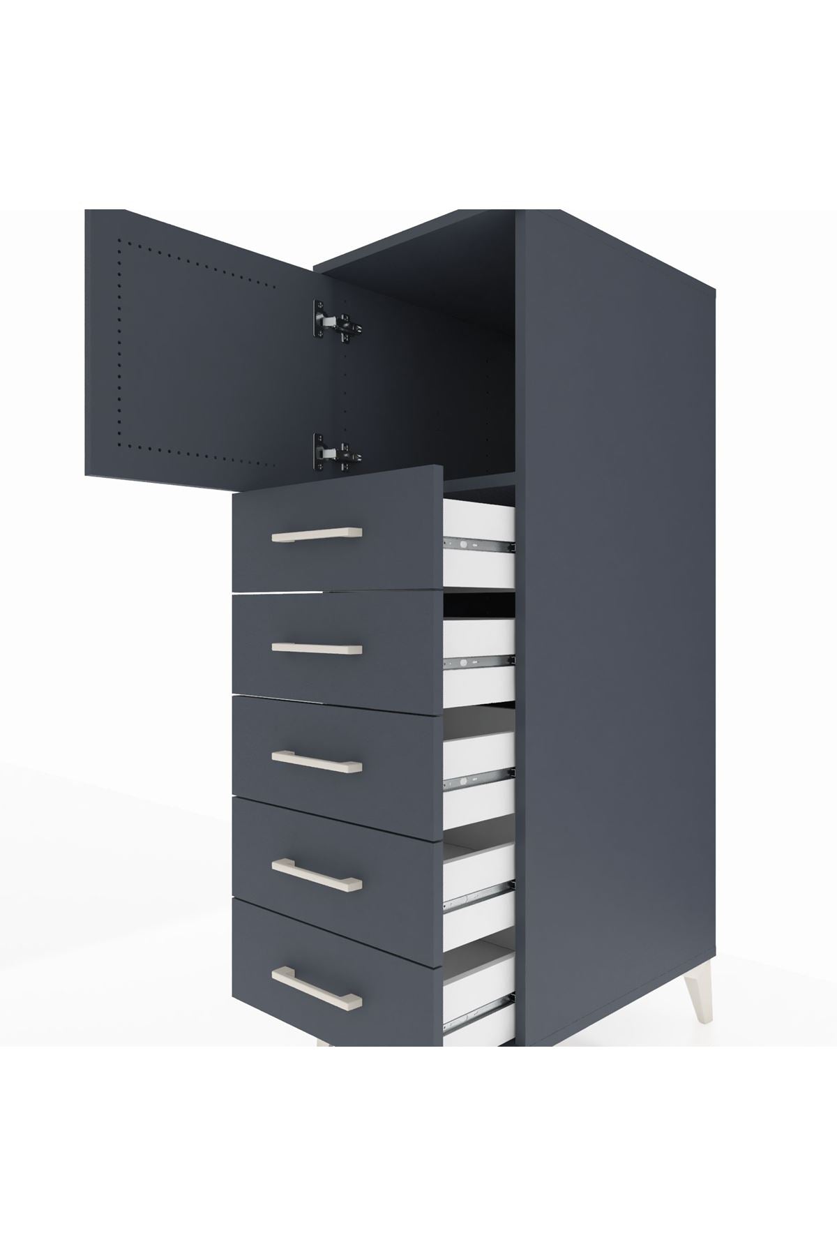 Kronos Dolap Tek Raflı 5 Çekmeceli Tek Kapaklı 44x59x134 Antrasit-Antrasit