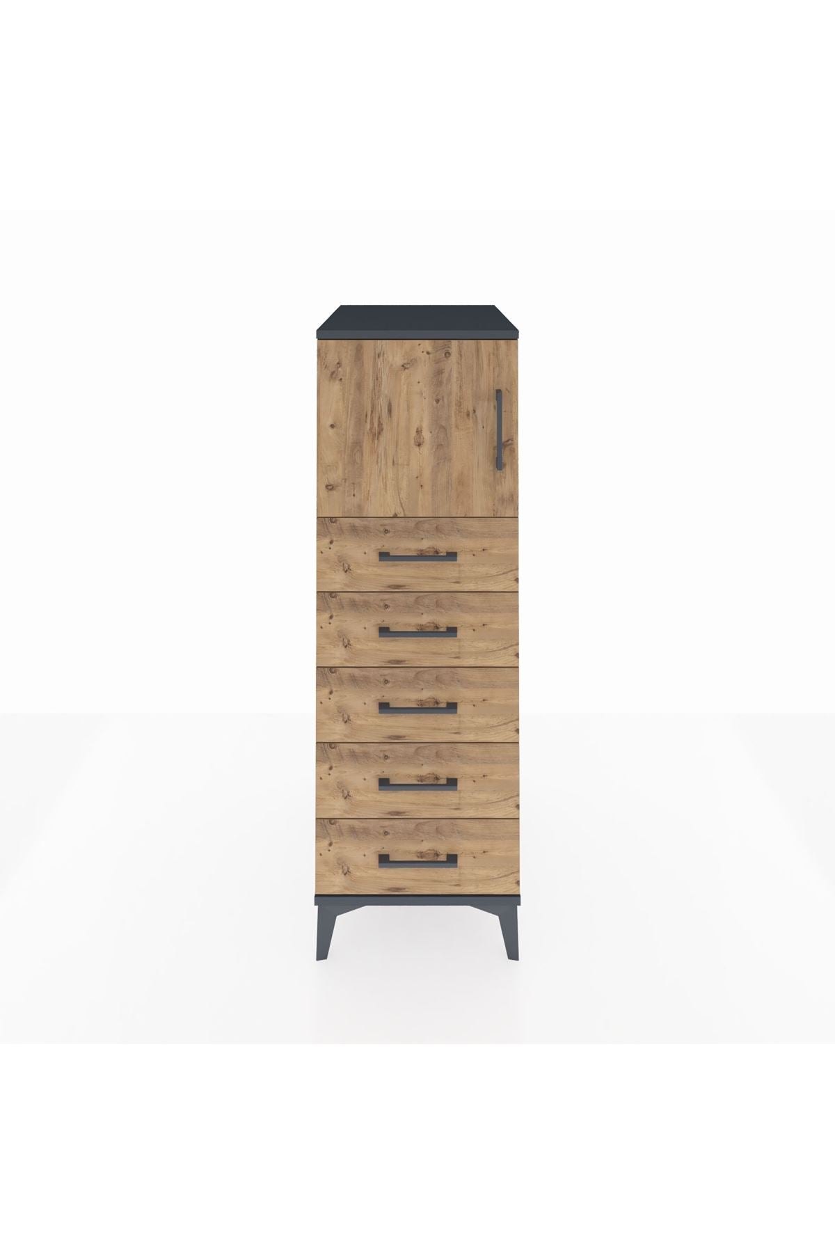 Kronos Dolap Tek Raflı 5 Çekmeceli Tek Kapaklı 44x59x134 Antrasit-Çam