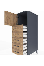 Kronos Dolap Tek Raflı 5 Çekmeceli Tek Kapaklı 44x59x134 Antrasit-Çam