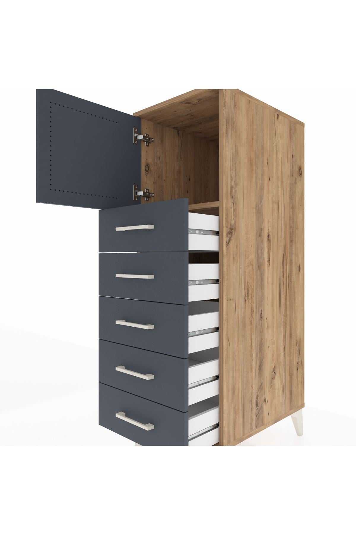 Kronos Dolap Tek Raflı 5 Çekmeceli Tek Kapaklı 44x59x134 Çam-Antrasit