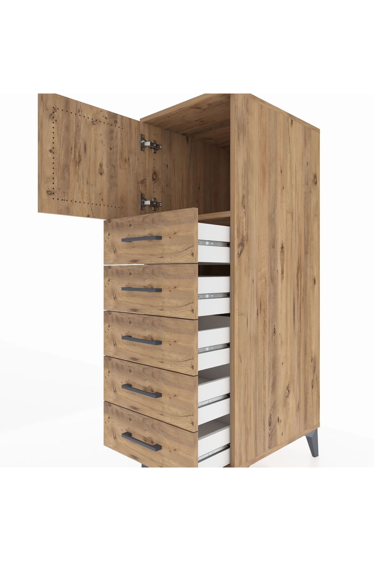 Kronos Dolap Tek Raflı 5 Çekmeceli Tek Kapaklı 44x59x134 Çam-Çam