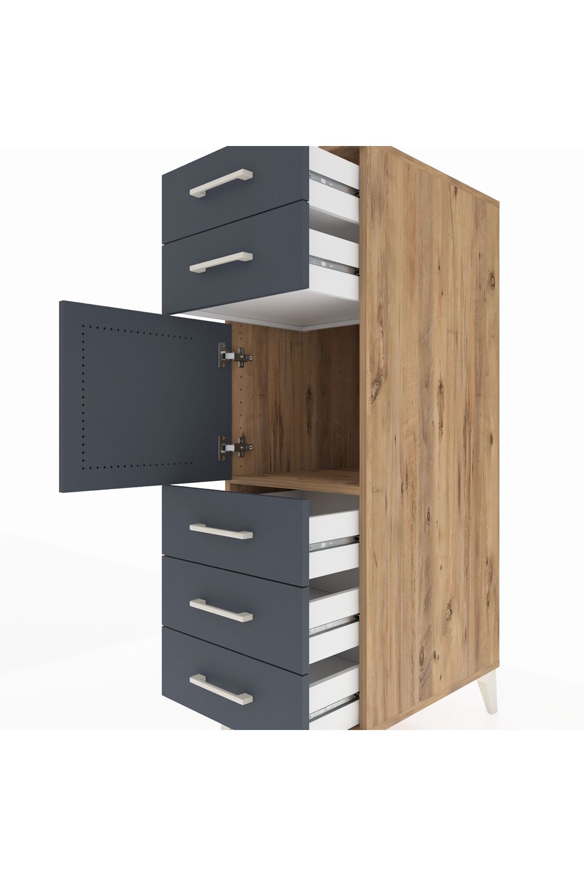 Kronos Dolap Tek Raflı 5 Çekmeceli Tek Kapaklı 44x59x134 Çam-Antrasit