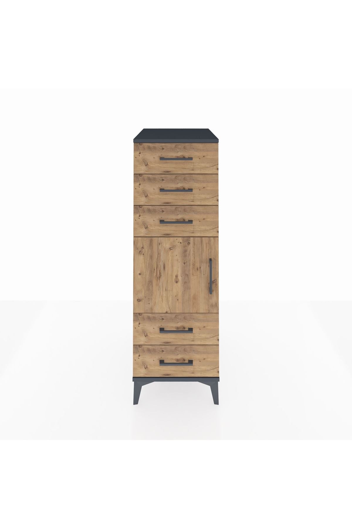 Kronos Dolap Tek Raflı 5 Çekmeceli Tek Kapaklı 44x59x134 Antrasit-Çam