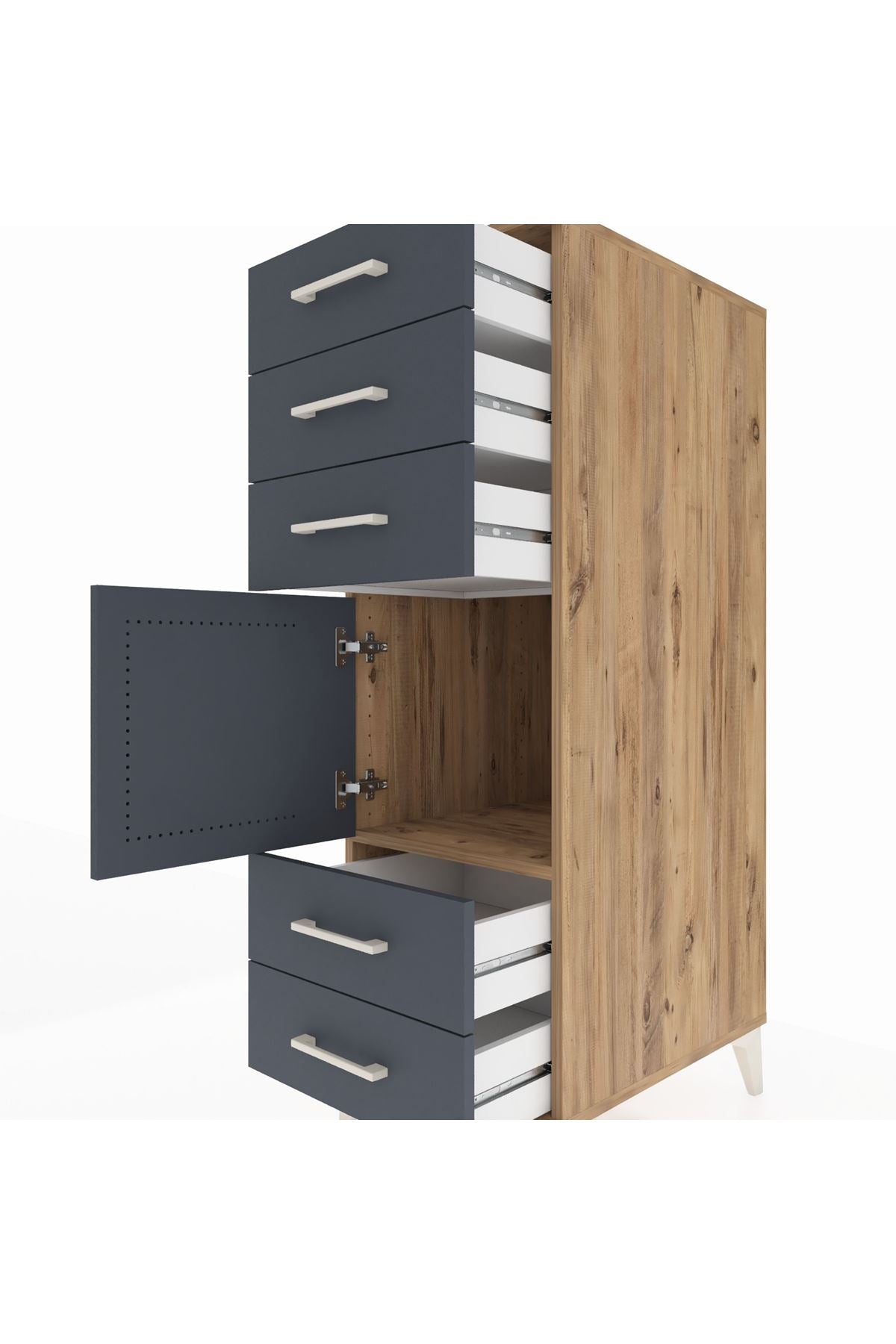 Kronos Dolap Tek Raflı 5 Çekmeceli Tek Kapaklı 44x59x134 Çam-Antrasit