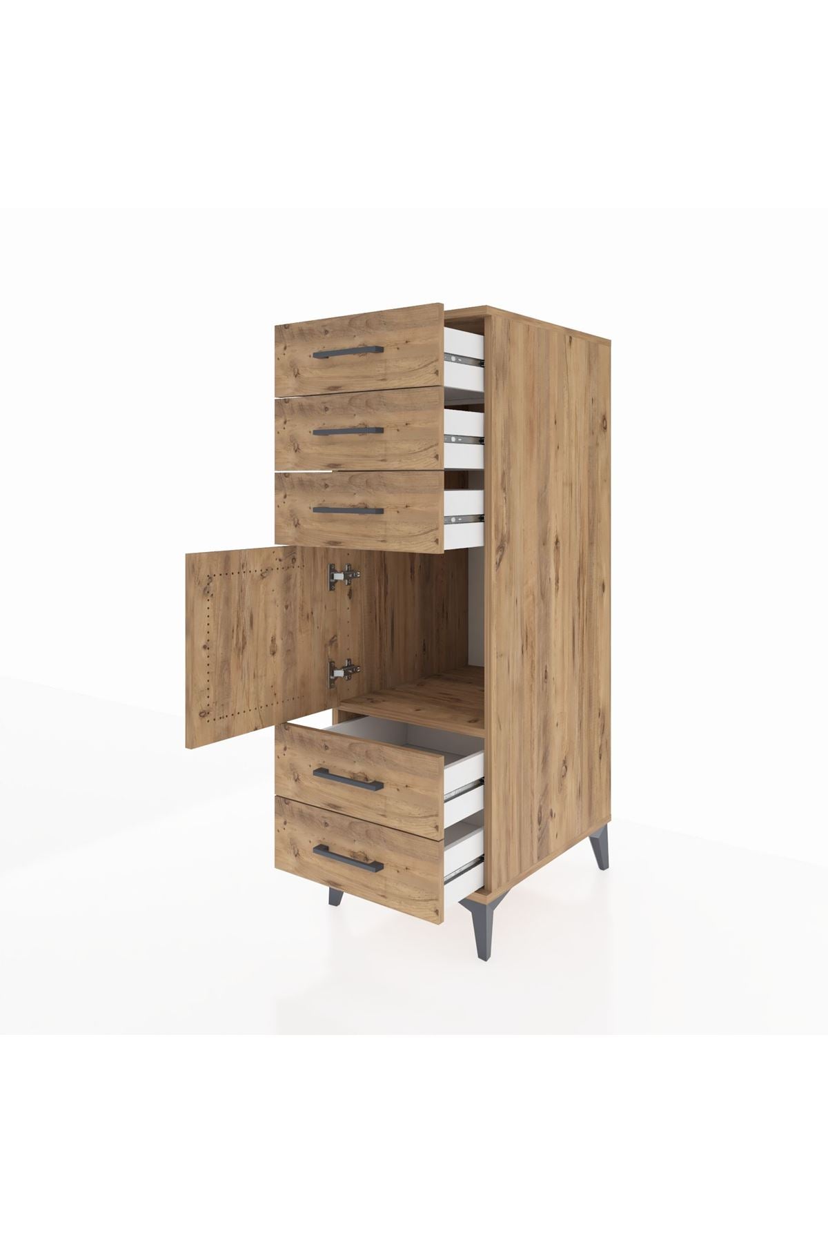 Kronos Dolap Tek Raflı 5 Çekmeceli Tek Kapaklı 44x59x134 Çam-Çam