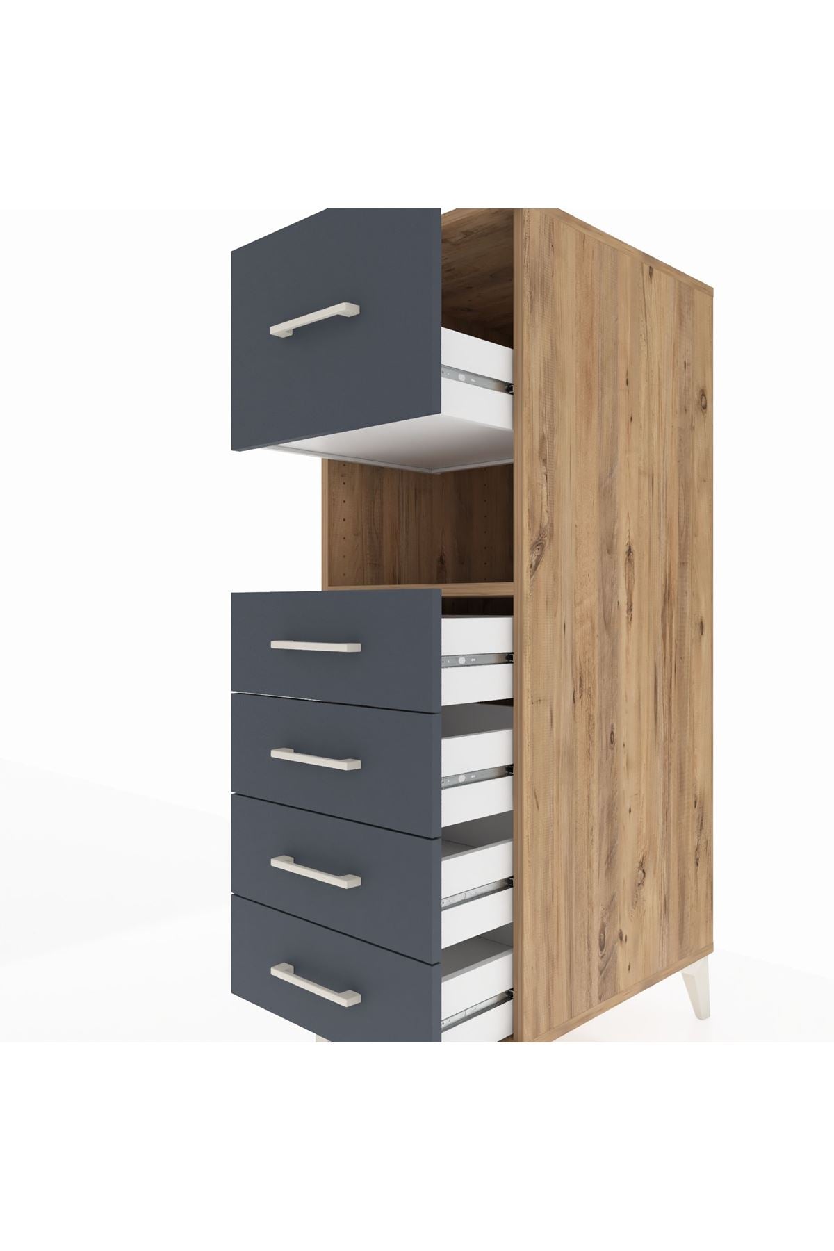 Kronos Dolap Tek Raflı 5 Çekmeceli 44x59x134 Çam-Antrasit