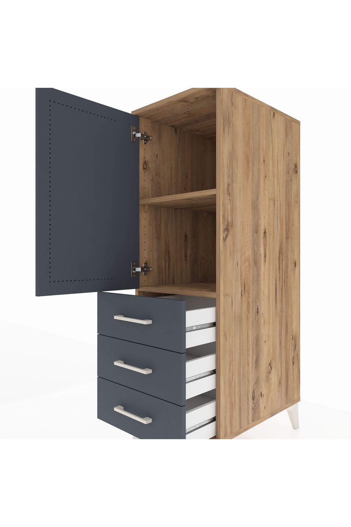 Kronos Dolap 2 Raflı 3 Çekmeceli Tek Kapaklı 44x59x134 Çam-Antrasit