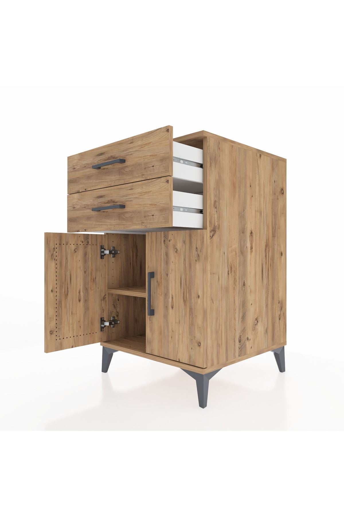 Kronos Komodin Tek Raflı 2 Çekmeceli 2 Kapaklı 60x59x96 Çam-Çam