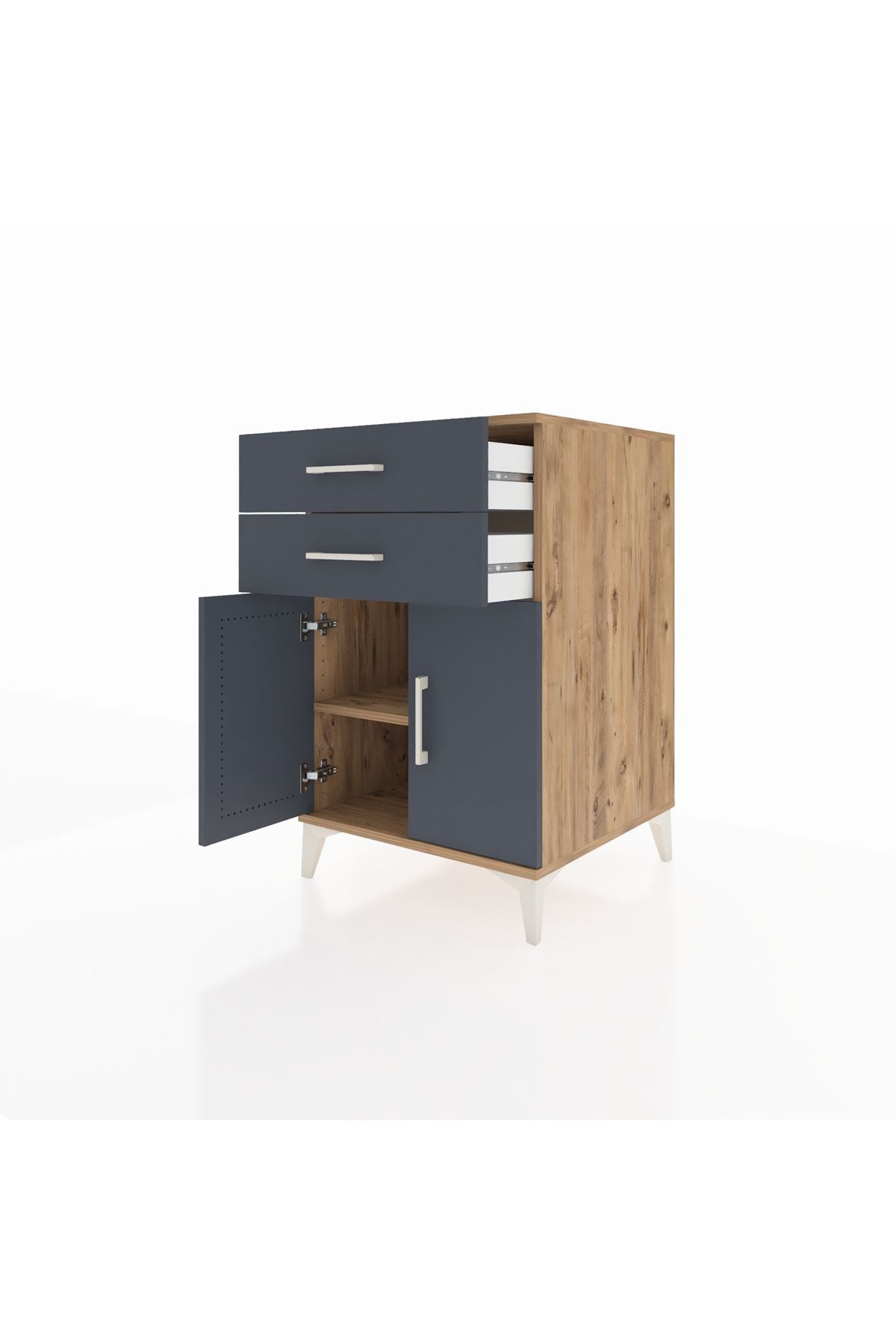 Kronos Komodin Tek Raflı 2 Çekmeceli 2 Kapaklı 60x59x96 Çam-Antrasit