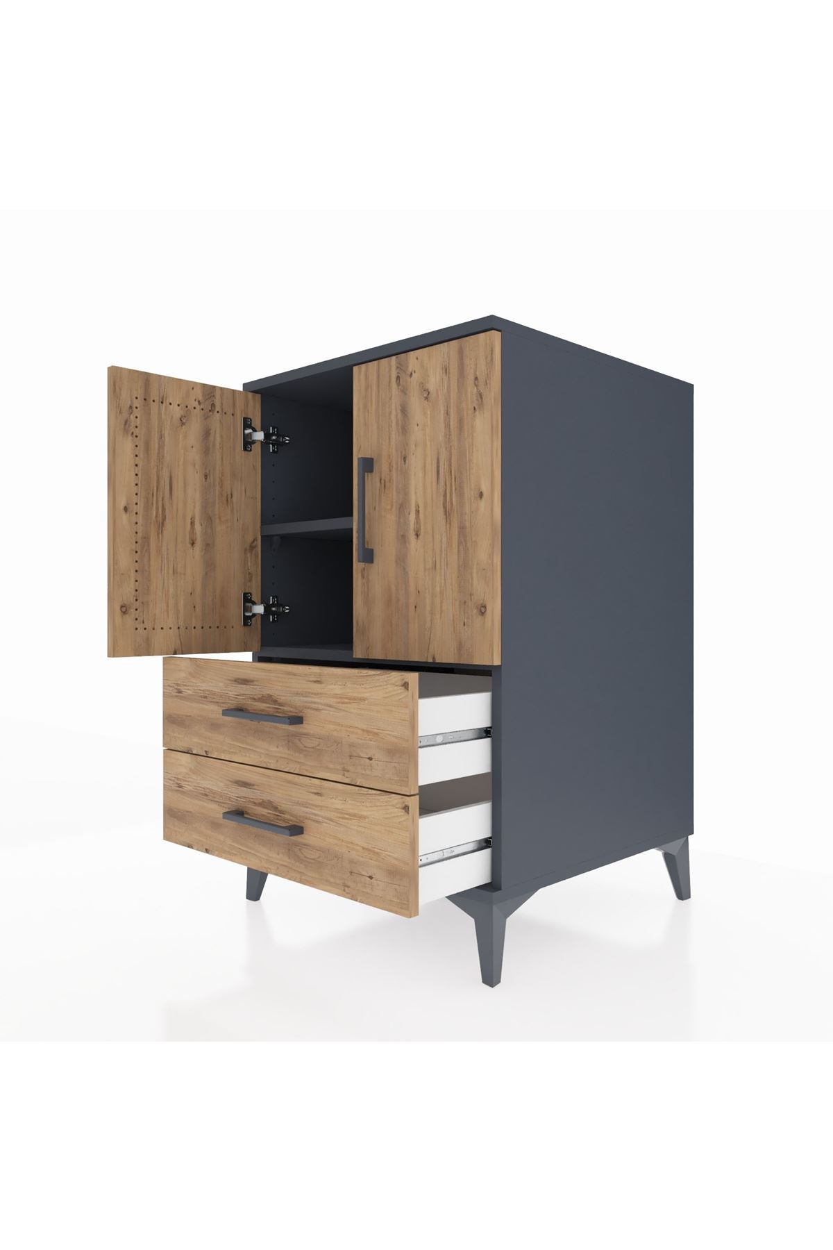 Kronos Komodin 2 Raflı 2 Çekmeceli 2 Kapaklı 60x59x96 Antrasit-Çam