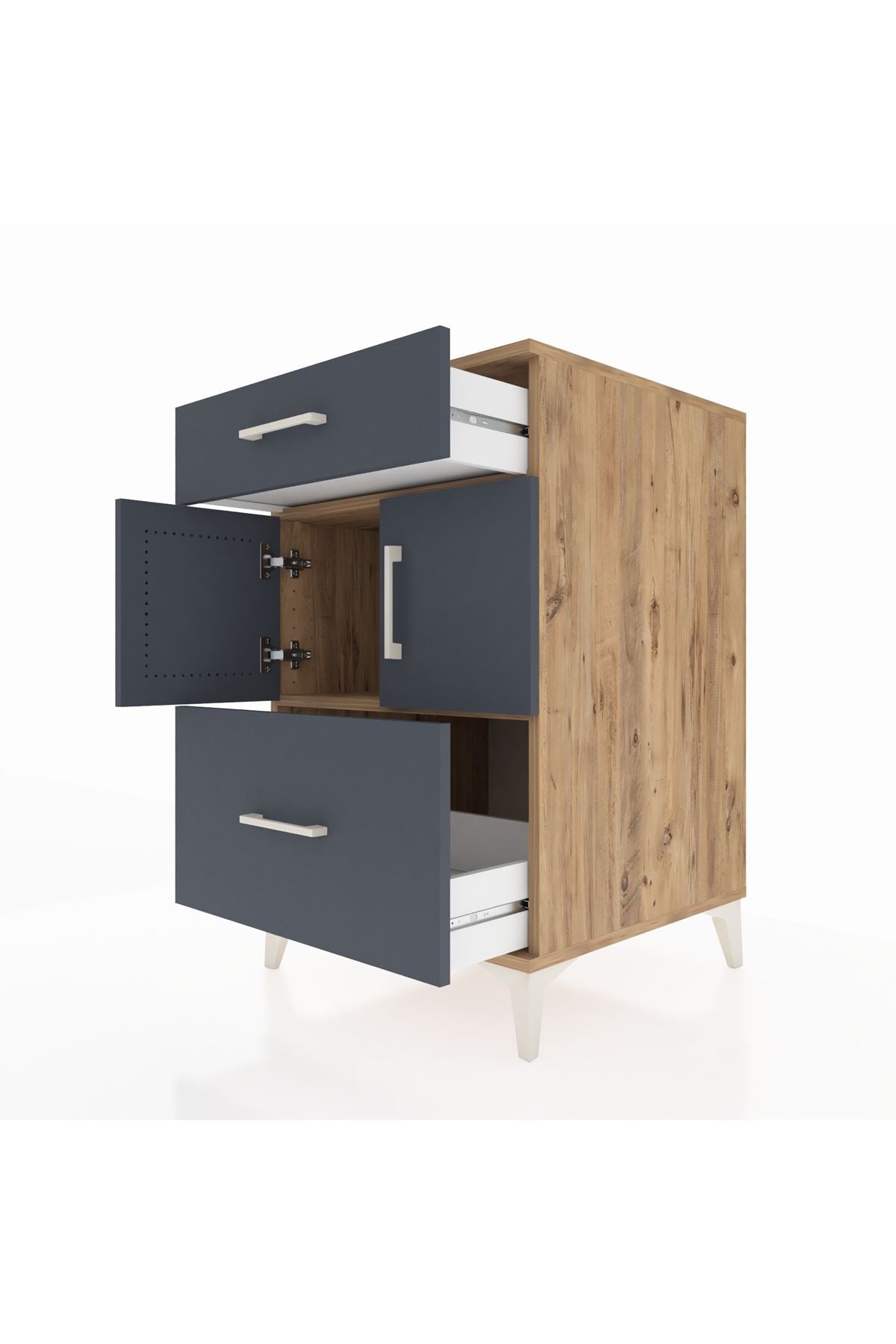 Kronos Komodin Tek Raflı 2 Çekmeceli 2 Kapaklı 60x59x96 Çam-Antrasit