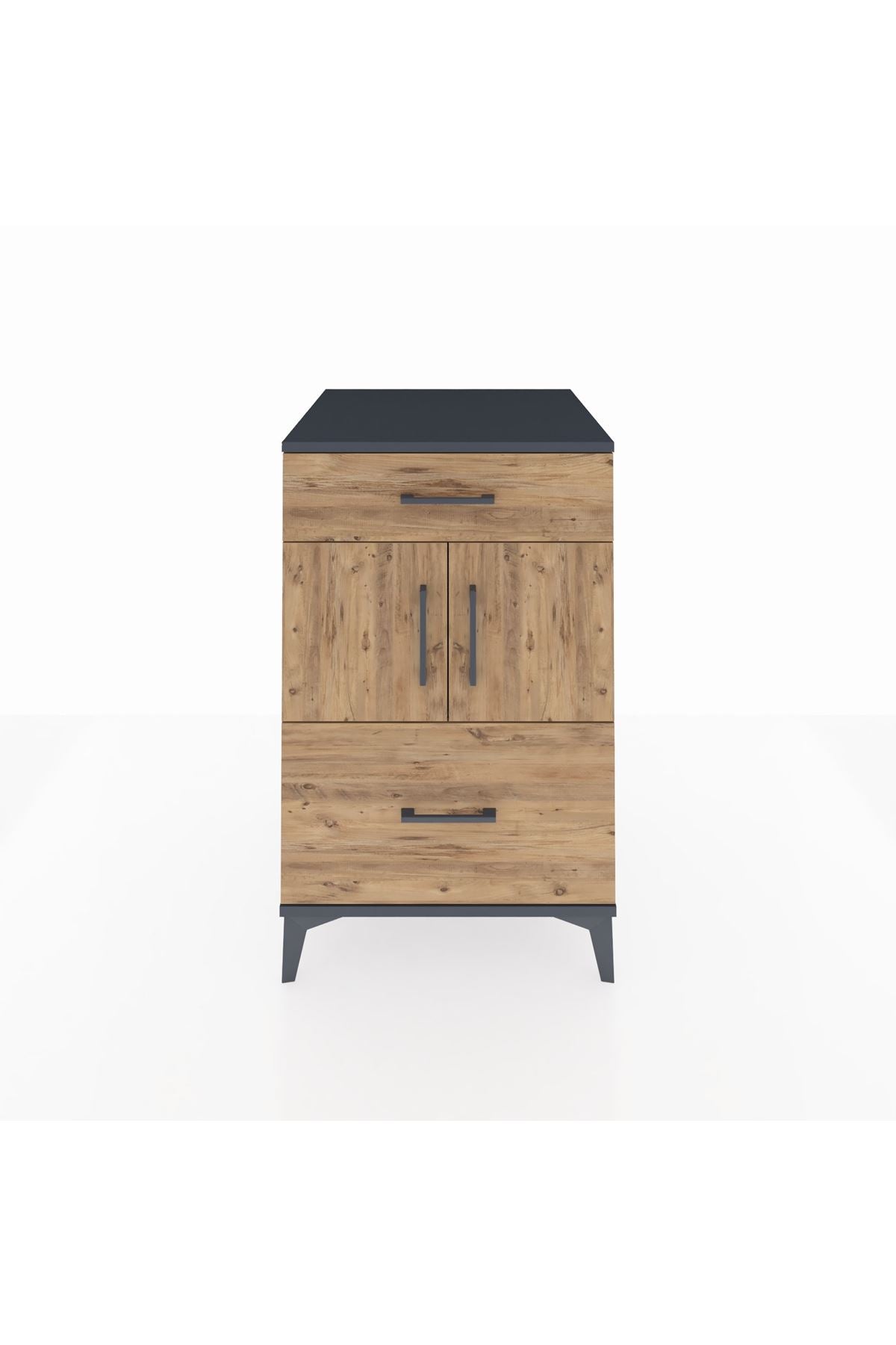 Kronos Komodin Tek Raflı 2 Çekmeceli 2 Kapaklı 60x59x96 Antrasit-Çam