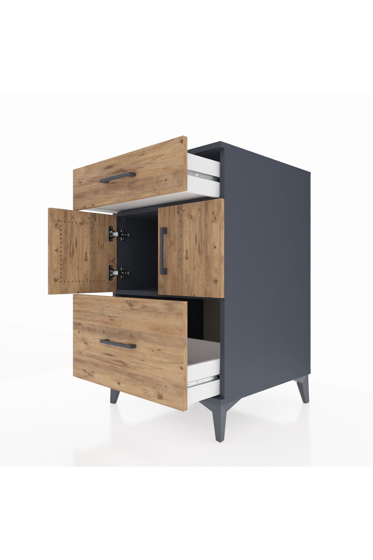 Kronos Komodin Tek Raflı 2 Çekmeceli 2 Kapaklı 60x59x96 Antrasit-Çam