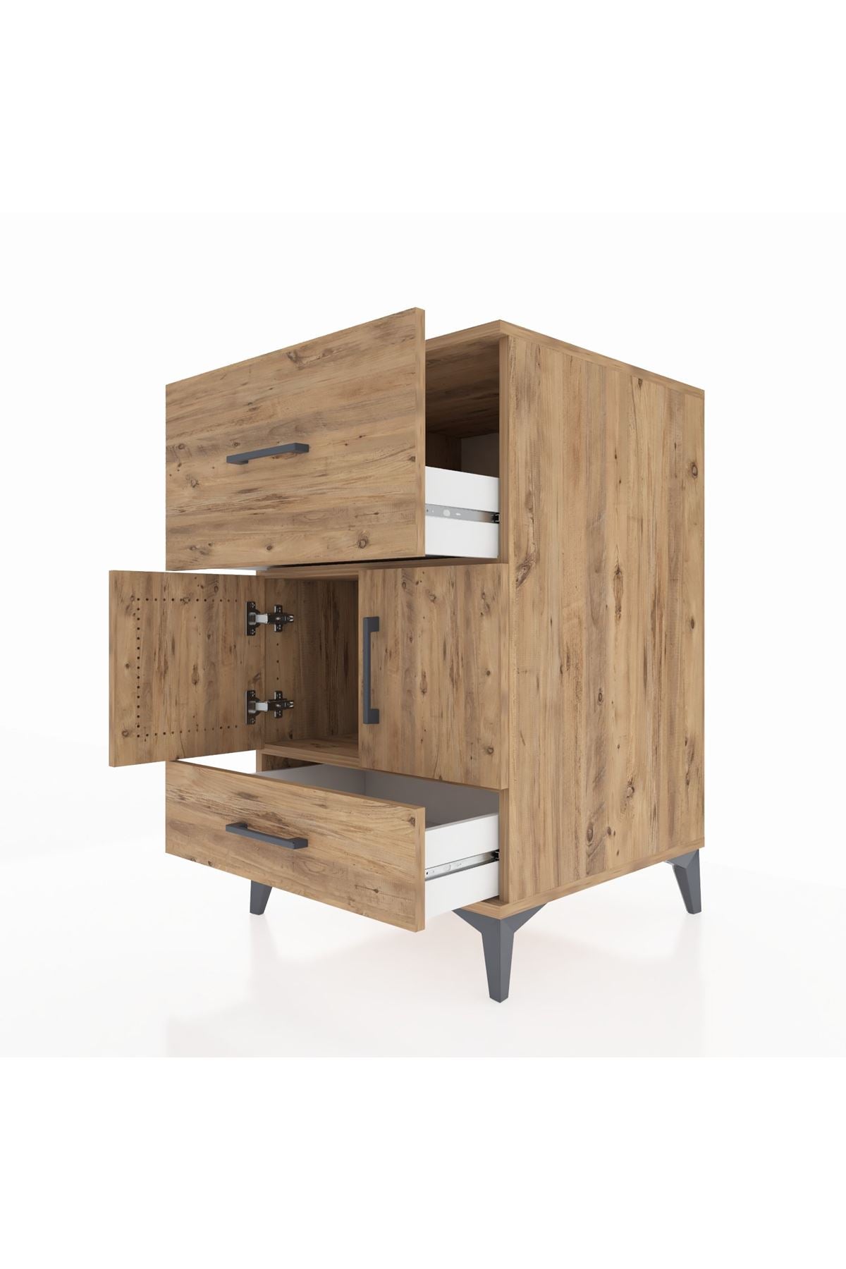 Kronos Komodin Tek Raflı 2 Çekmeceli 2 Kapaklı 60x59x96 Çam-Çam