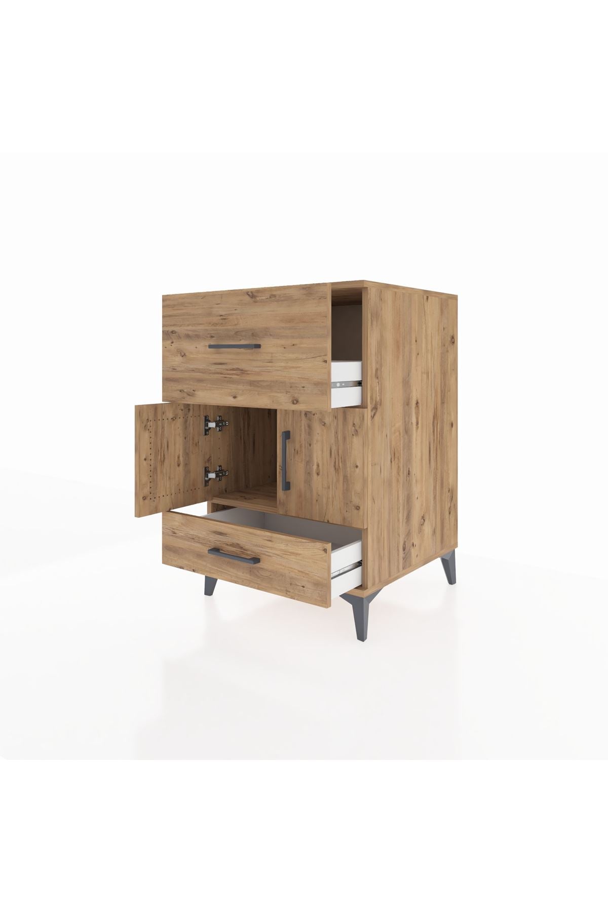 Kronos Komodin Tek Raflı 2 Çekmeceli 2 Kapaklı 60x59x96 Çam-Çam