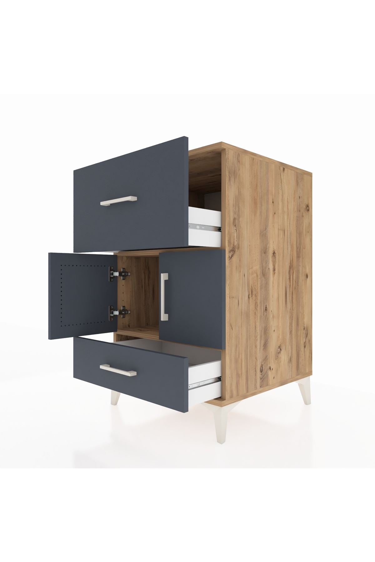 Kronos Komodin Tek Raflı 2 Çekmeceli 2 Kapaklı 60x59x96 Çam-Antrasit