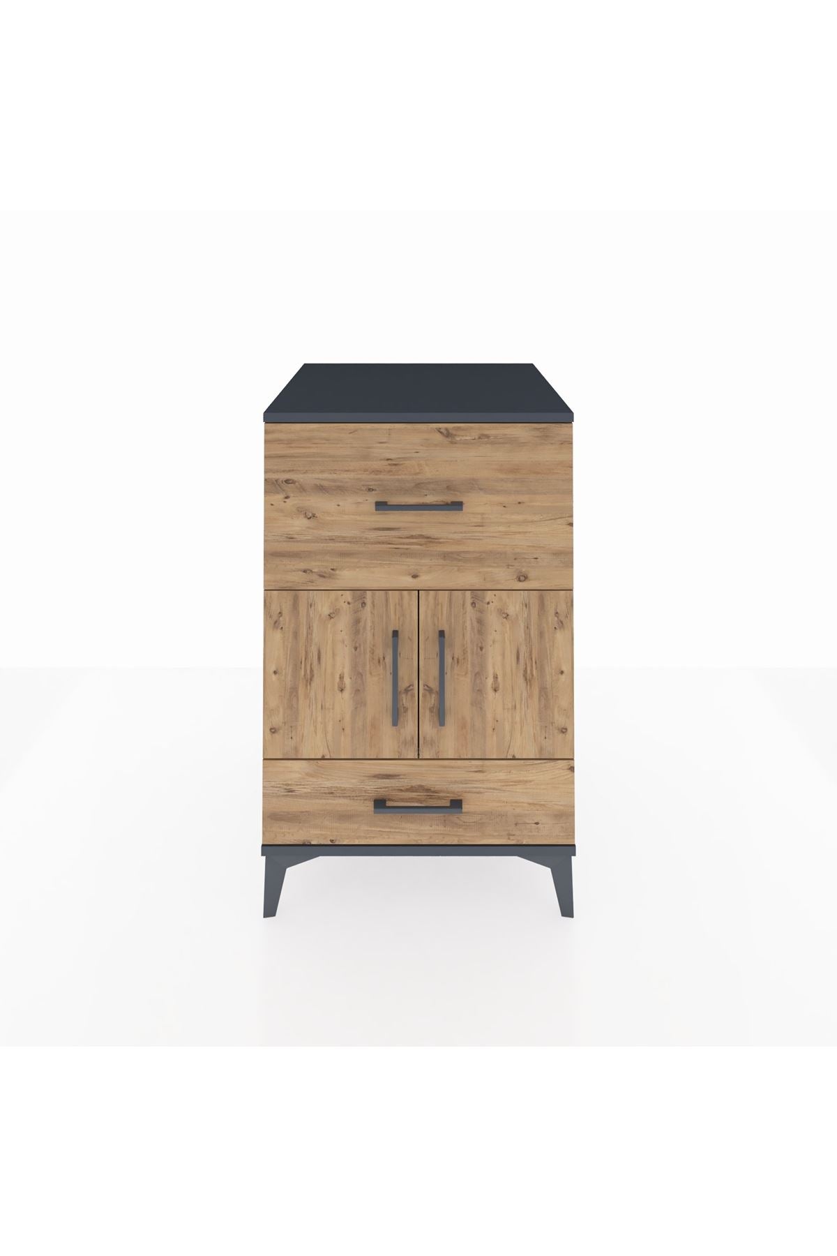 Kronos Komodin Tek Raflı 2 Çekmeceli 2 Kapaklı 60x59x96 Antrasit-Çam