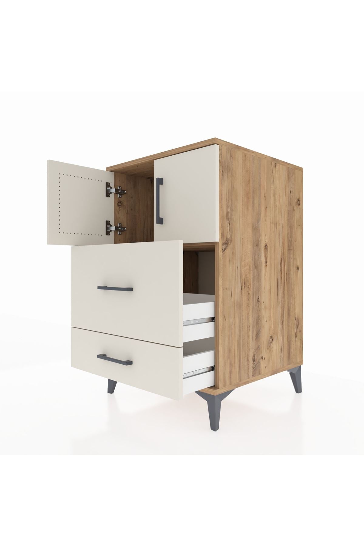 Kronos Komodin Tek Raflı 2 Çekmeceli 2 Kapaklı 60x59x96 Çam-Aytaşı