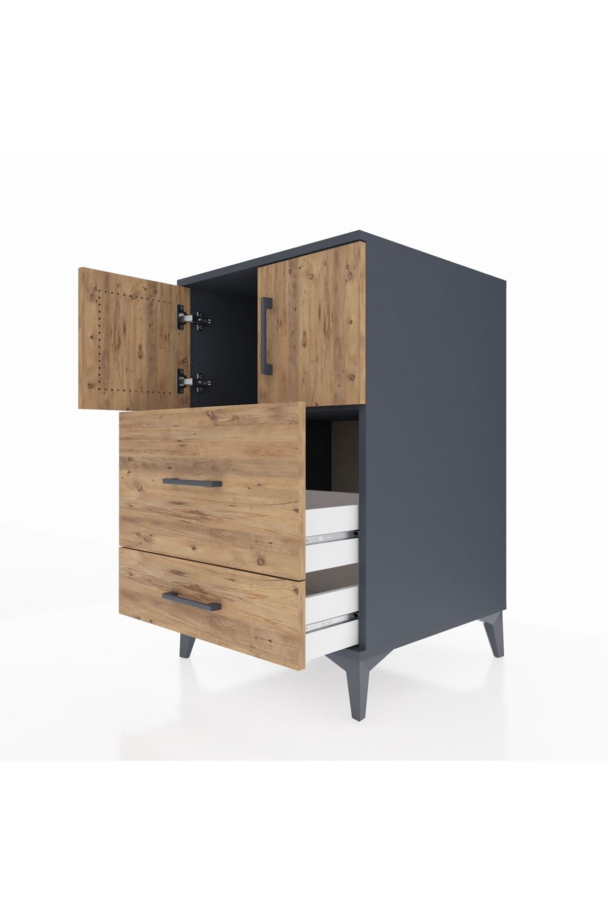 Kronos Komodin Tek Raflı 2 Çekmeceli 2 Kapaklı 60x59x96 Antrasit-Çam