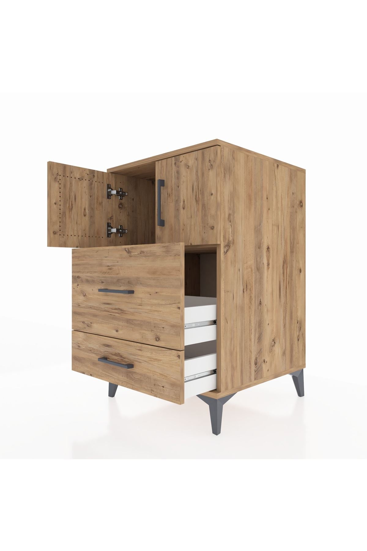 Kronos Komodin Tek Raflı 2 Çekmeceli 2 Kapaklı 60x59x96 Çam-Çam