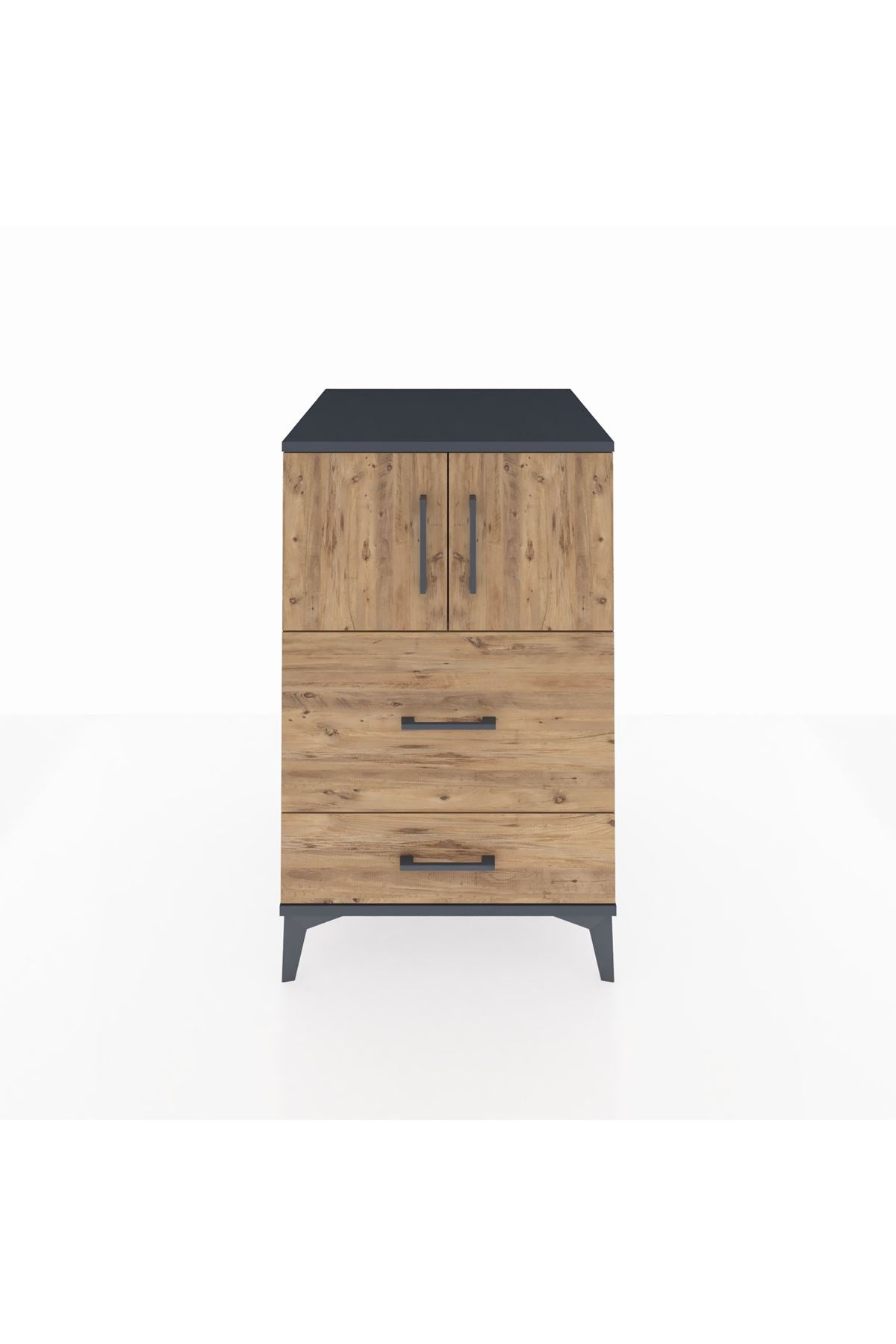 Kronos Komodin Tek Raflı 2 Çekmeceli 2 Kapaklı 60x59x96 Antrasit-Çam