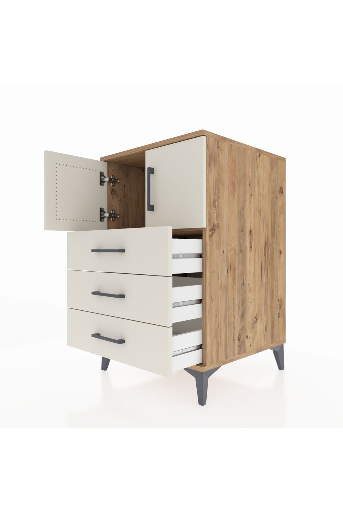 Kronos Komodin Tek Raflı 3 Çekmeceli 2 Kapaklı 60x59x96 Çam-Aytaşı