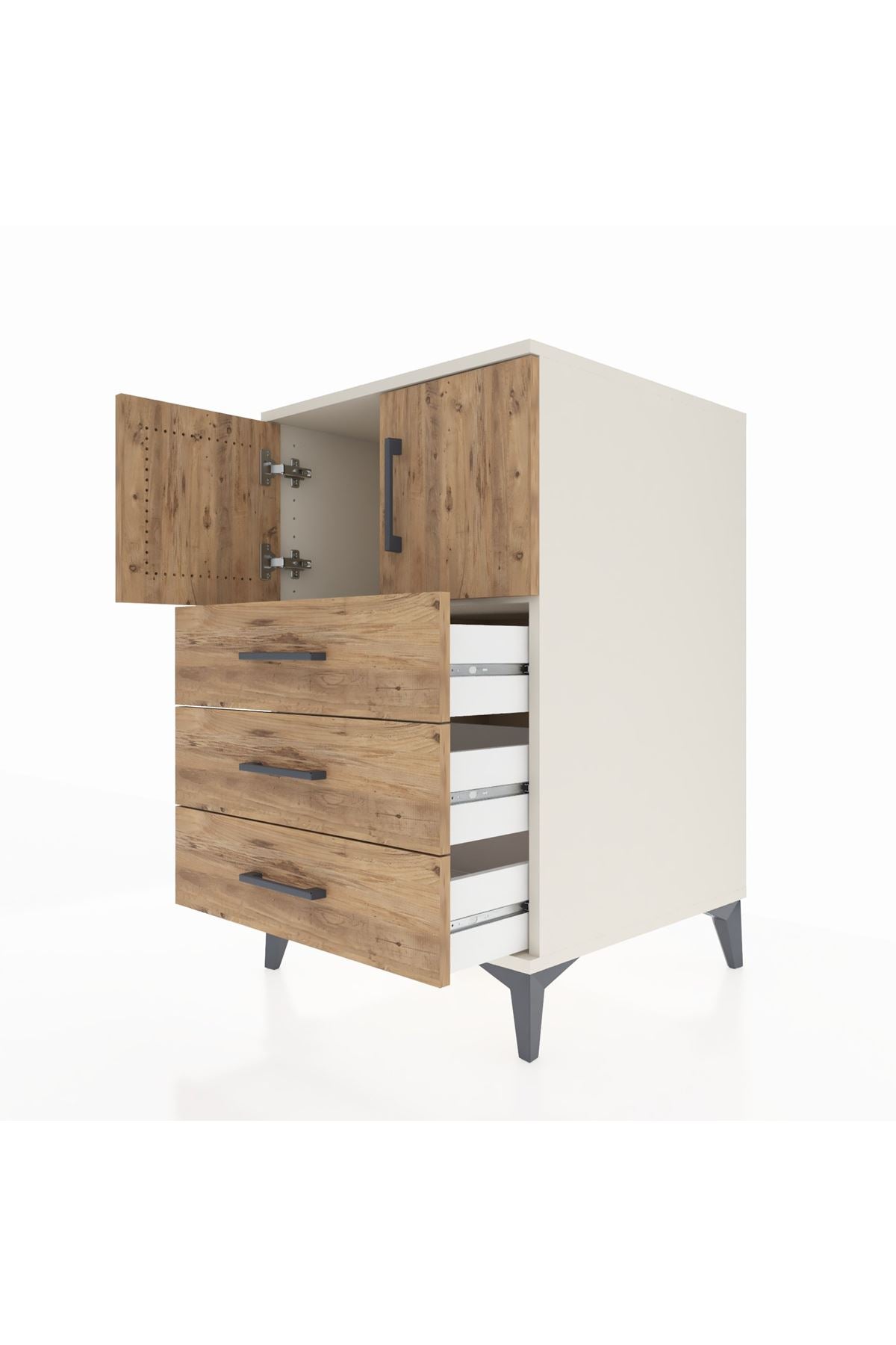 Kronos Komodin Tek Raflı 3 Çekmeceli 2 Kapaklı 60x59x96 Aytaşı-Çam