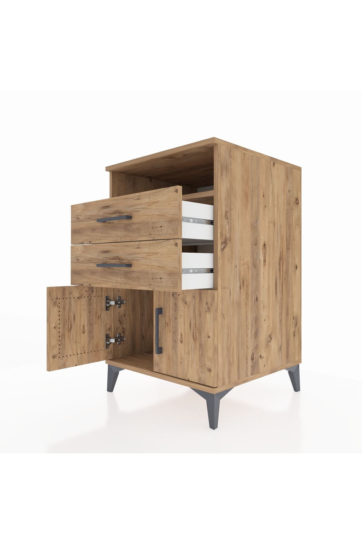 Kronos Komodin Tek Raflı 2 Çekmeceli 2 Kapaklı 60x59x96 Çam-Çam