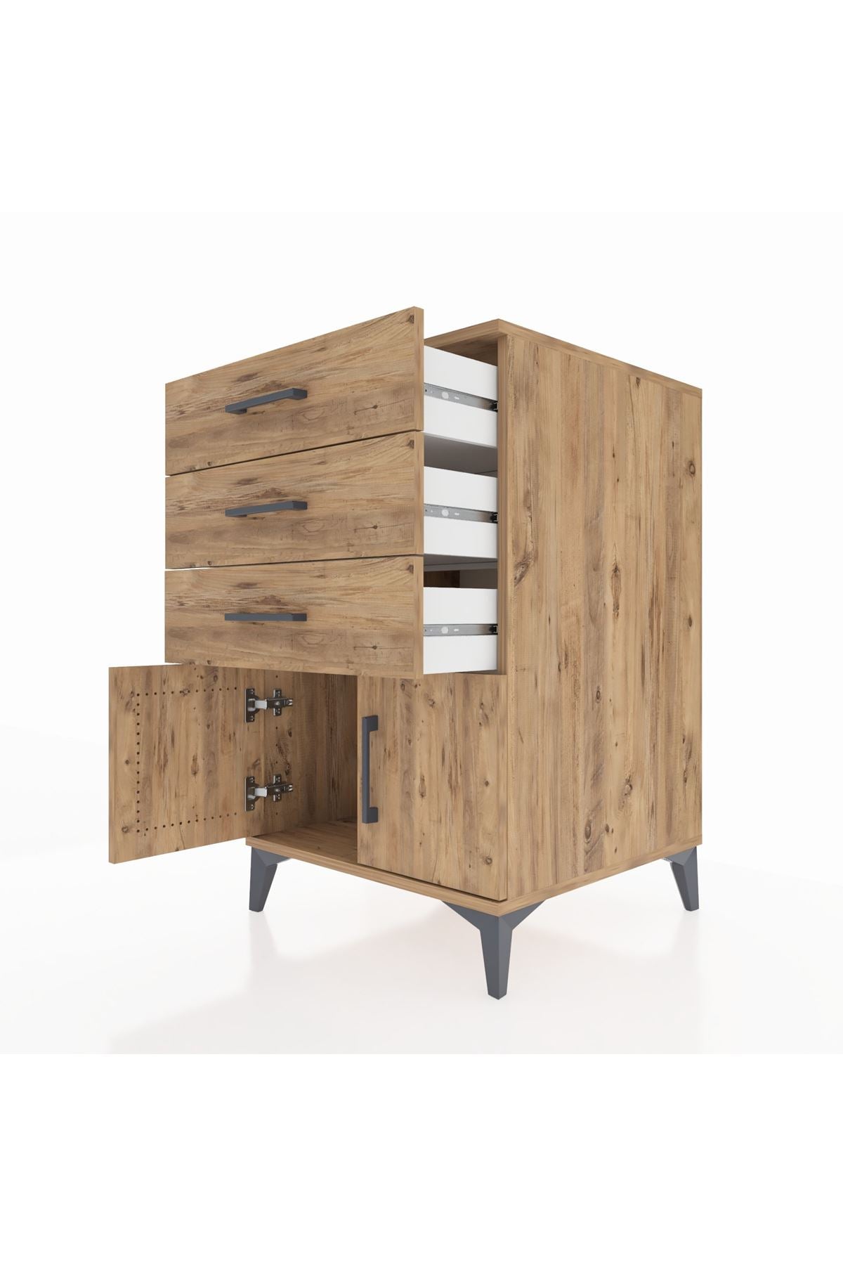 Kronos Komodin 3 Çekmeceli 2 Kapaklı 60x59x96 Çam-Çam