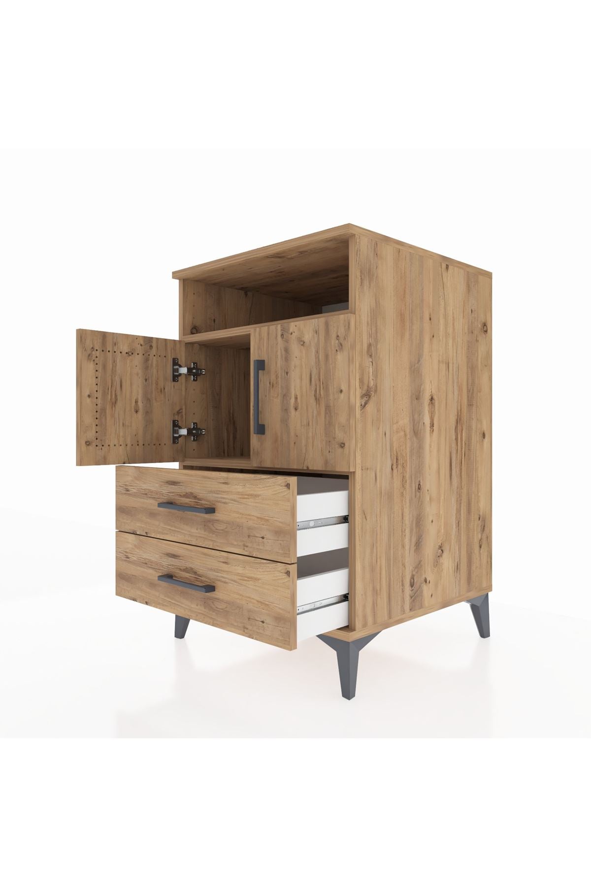 Kronos Komodin 2 Raflı 2 Çekmeceli 2 Kapaklı 60x59x96 Çam-Çam