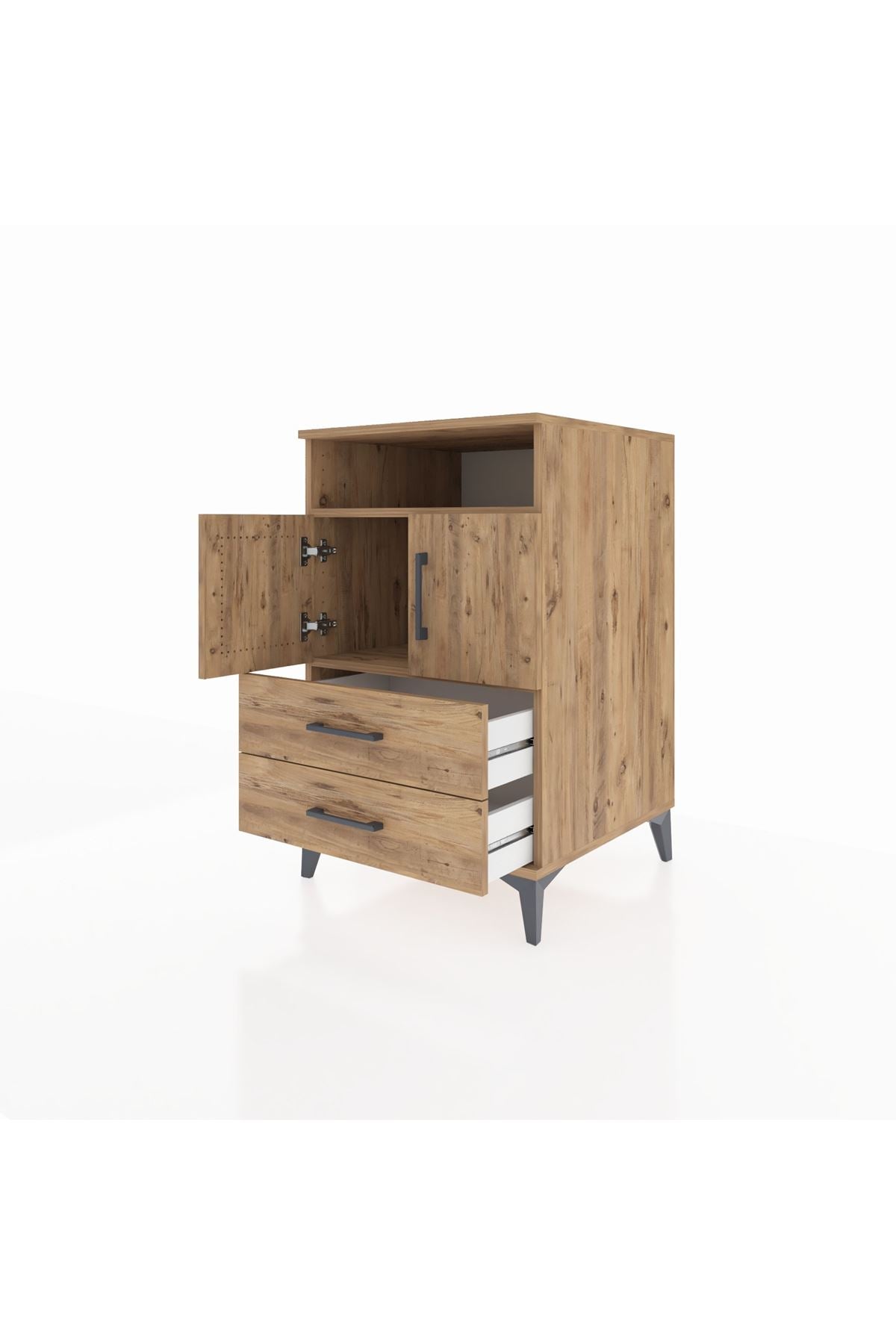 Kronos Komodin 2 Raflı 2 Çekmeceli 2 Kapaklı 60x59x96 Çam-Çam