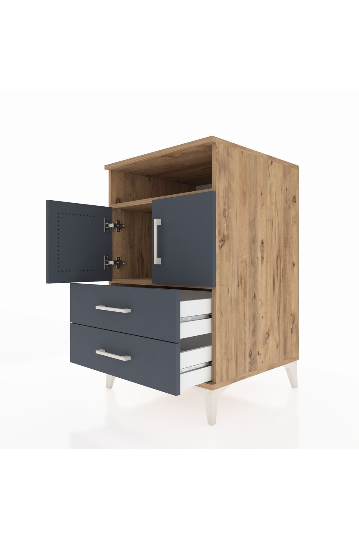 Kronos Komodin 2 Raflı 2 Çekmeceli 2 Kapaklı 60x59x96 Çam-Antrasit