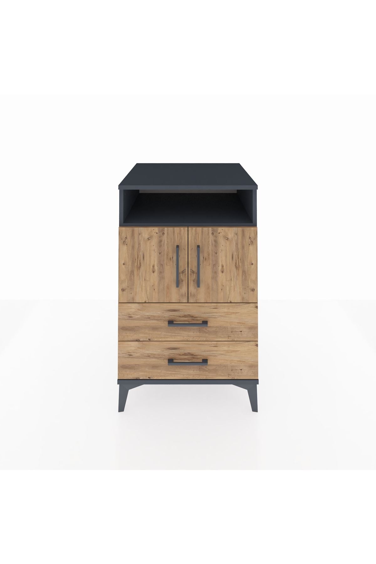 Kronos Komodin 2 Raflı 2 Çekmeceli 2 Kapaklı 60x59x96 Antrasit-Çam