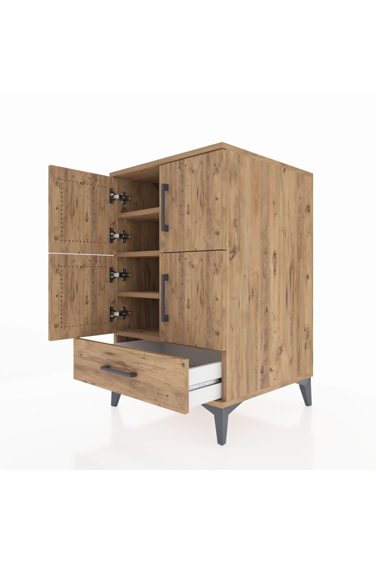 Kronos Komodin 4 Raflı Tek Çekmeceli 4 Kapaklı 60x59x96 Çam-Çam