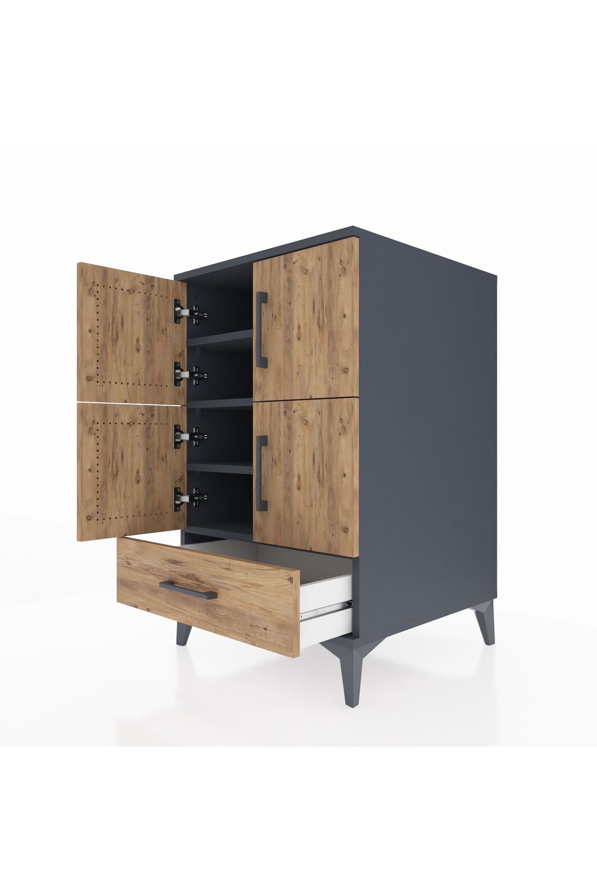 Kronos Komodin 4 Raflı Tek Çekmeceli 4 Kapaklı 60x59x96 Antrasit-Çam