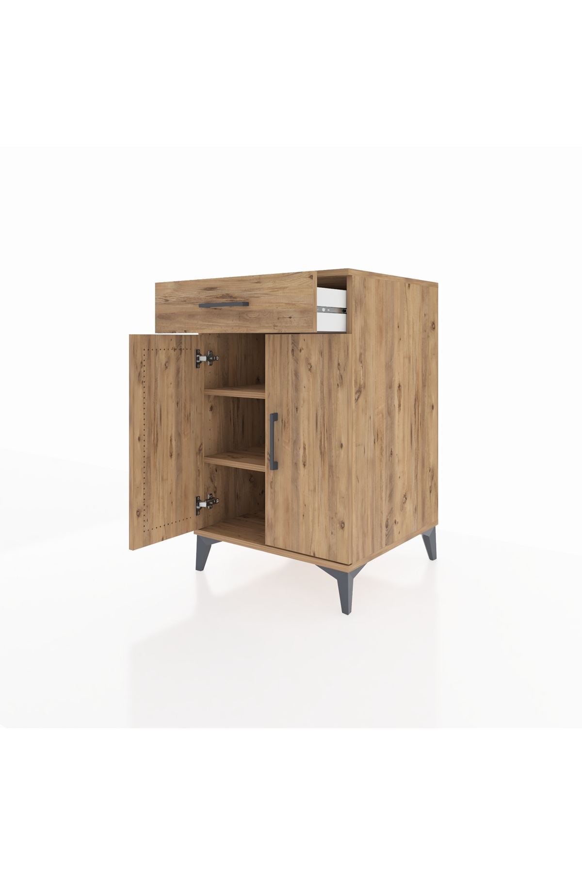 Kronos Komodin 2 Raflı Tek Çekmeceli 2 Kapaklı 60x59x96 Çam-Çam